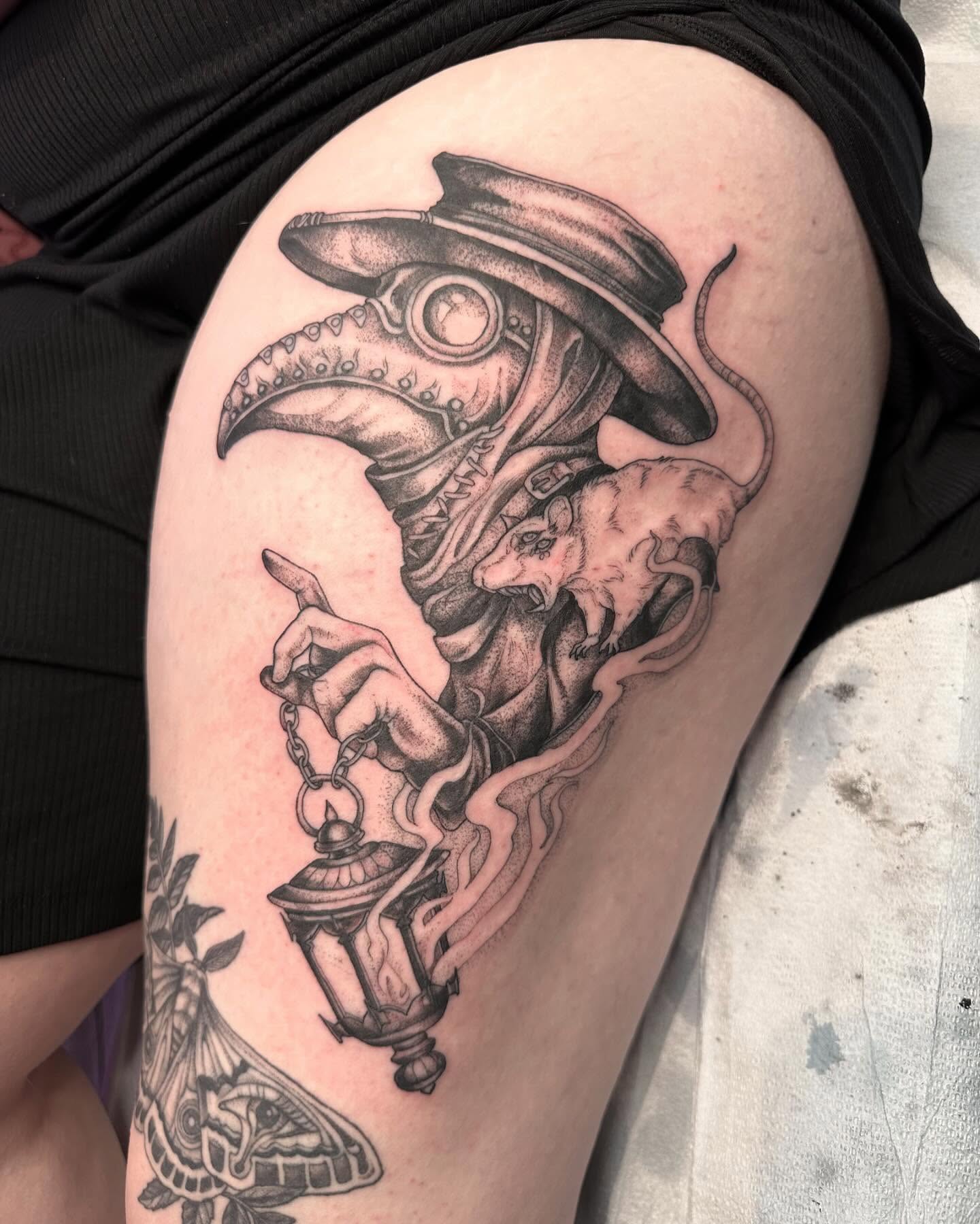 Plague doctor realism tattoo on the thigh by Cassidy Depew, Seattle, Washington