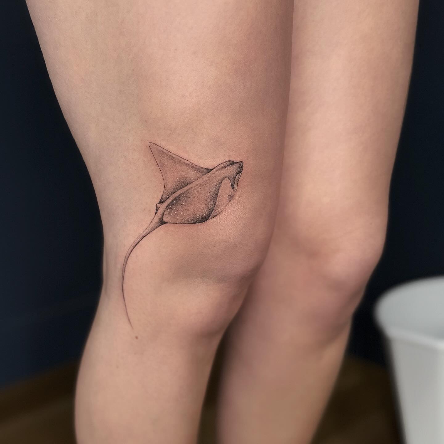 Ray dotwork tattoo on the thigh by Jocelyn