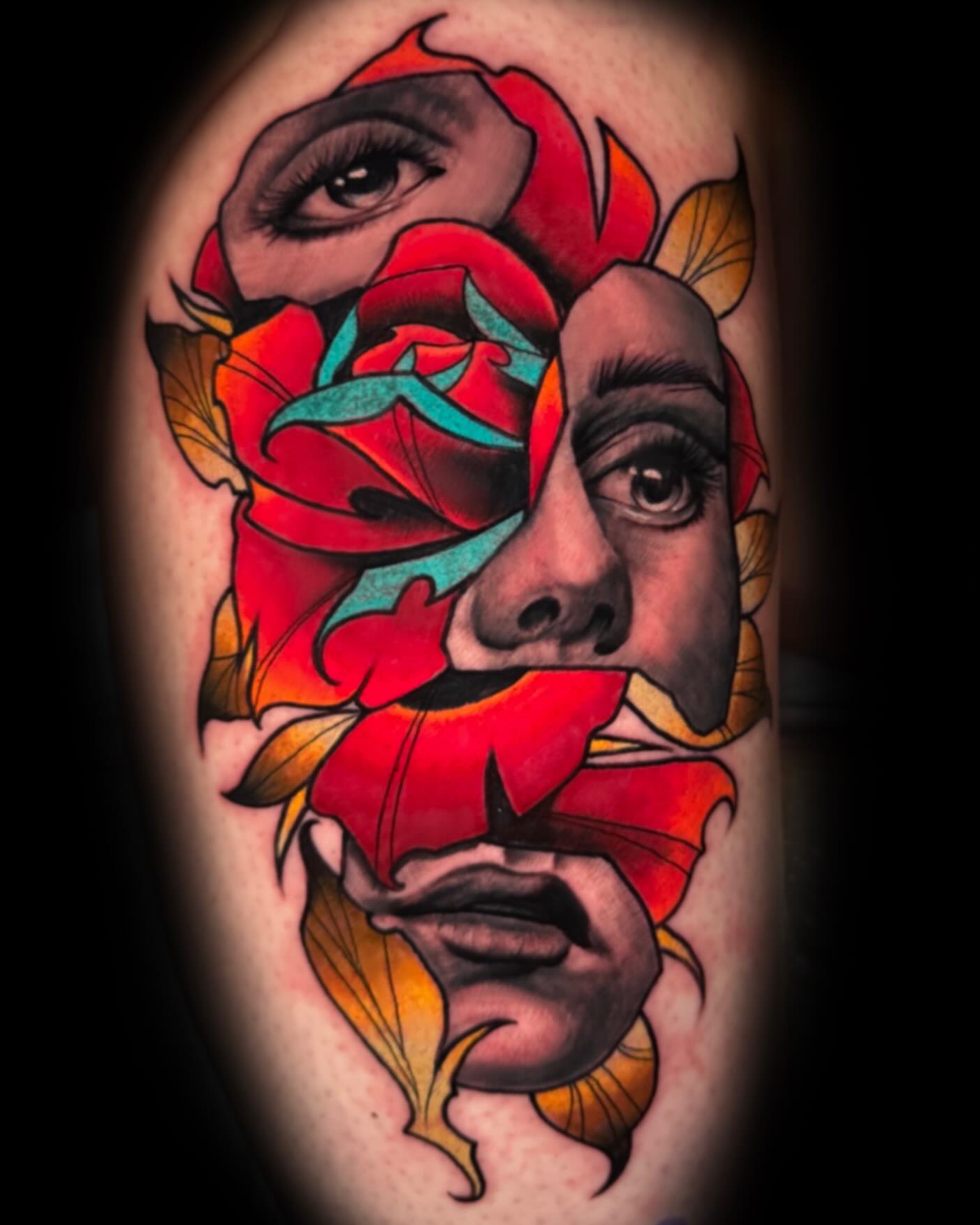 Woman's face American traditional tattoo on the forearm by Bobby Hurst