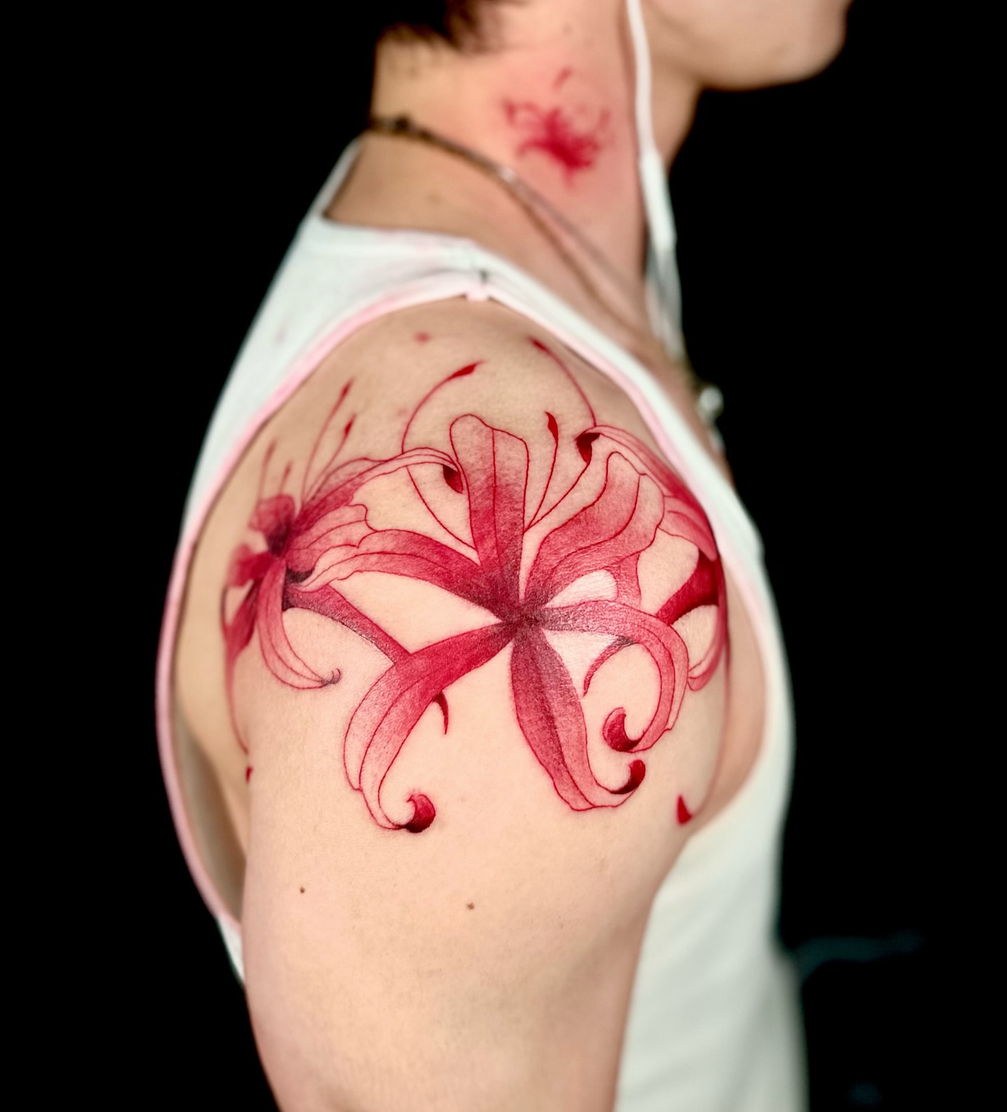 Flower dotwork tattoo on the shoulder by Abi