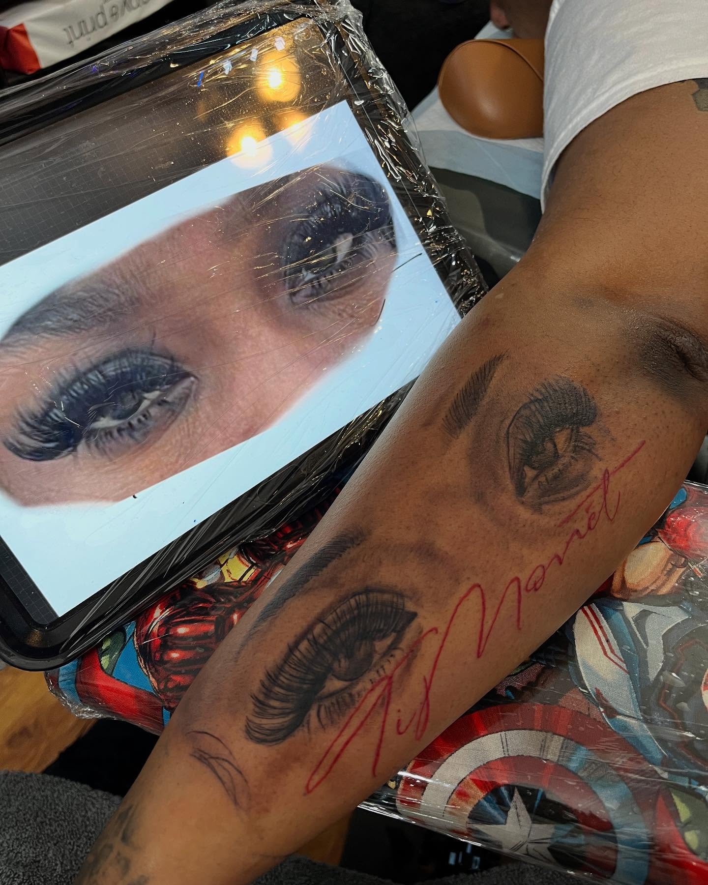 Eyelashes realism tattoo on the forearm by Jakobi
