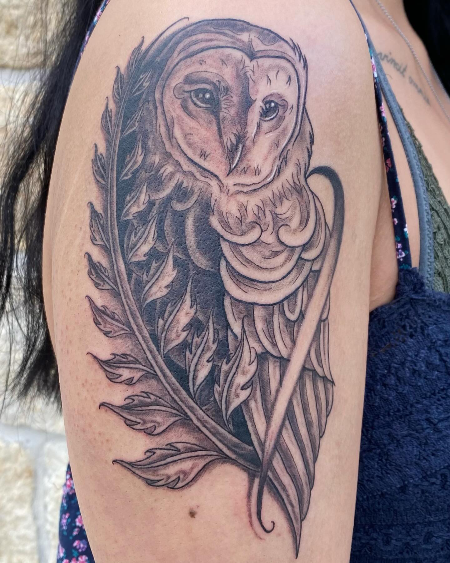 Owl realism tattoo on the shoulder by Diana