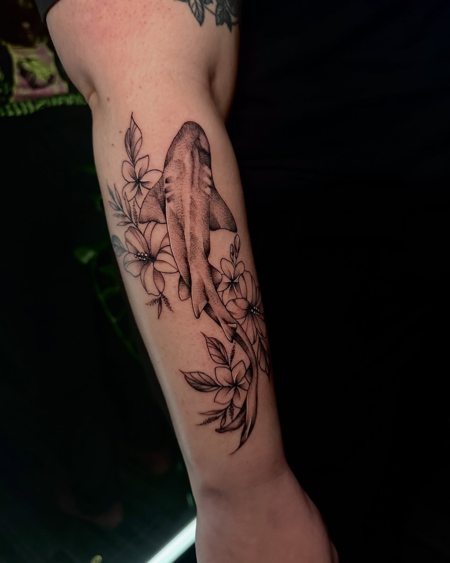 Shark and flowers dotwork tattoo on the forearm by Abby ✣ fineline and blackwork ✣