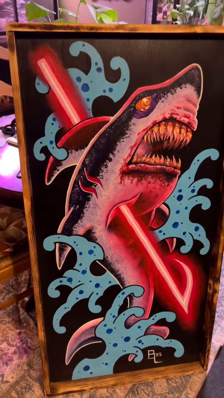 Shark with laser neo-traditional tattoo by Brittney