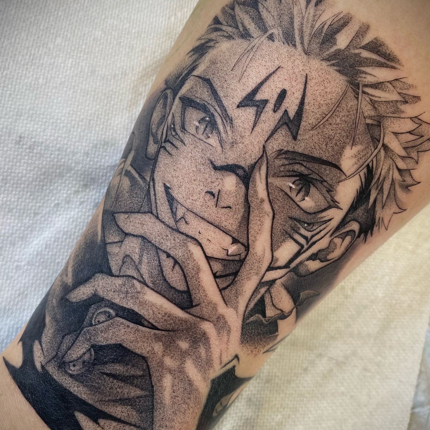 Tattoo by @tatdaddyangel — dotwork, anime