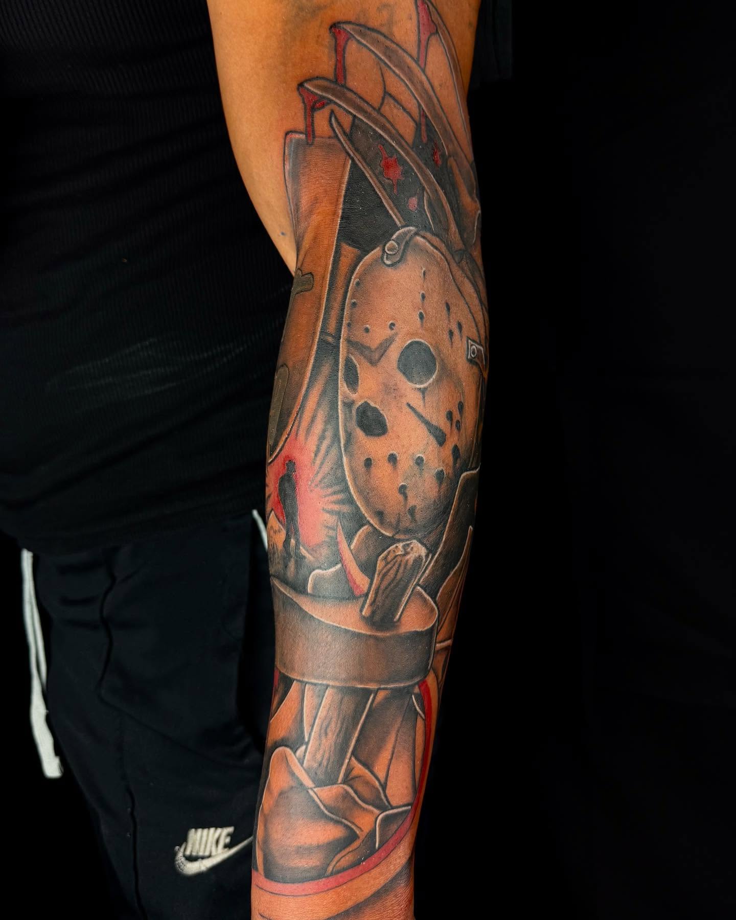 Jason voorhees mask American traditional tattoo on the forearm by Denver Tattoo Artist