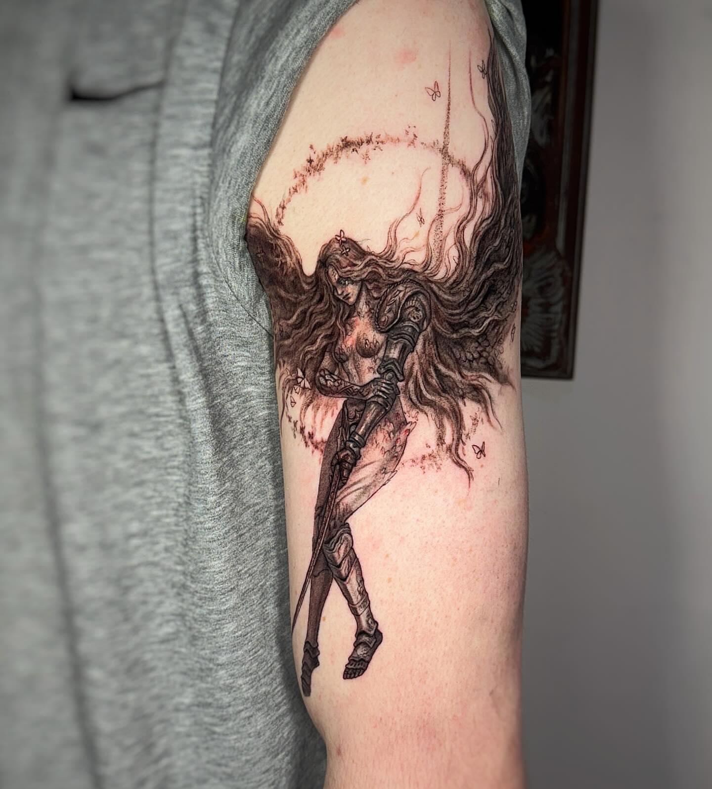 Female warrior realism tattoo on the forearm by Jemin Ren