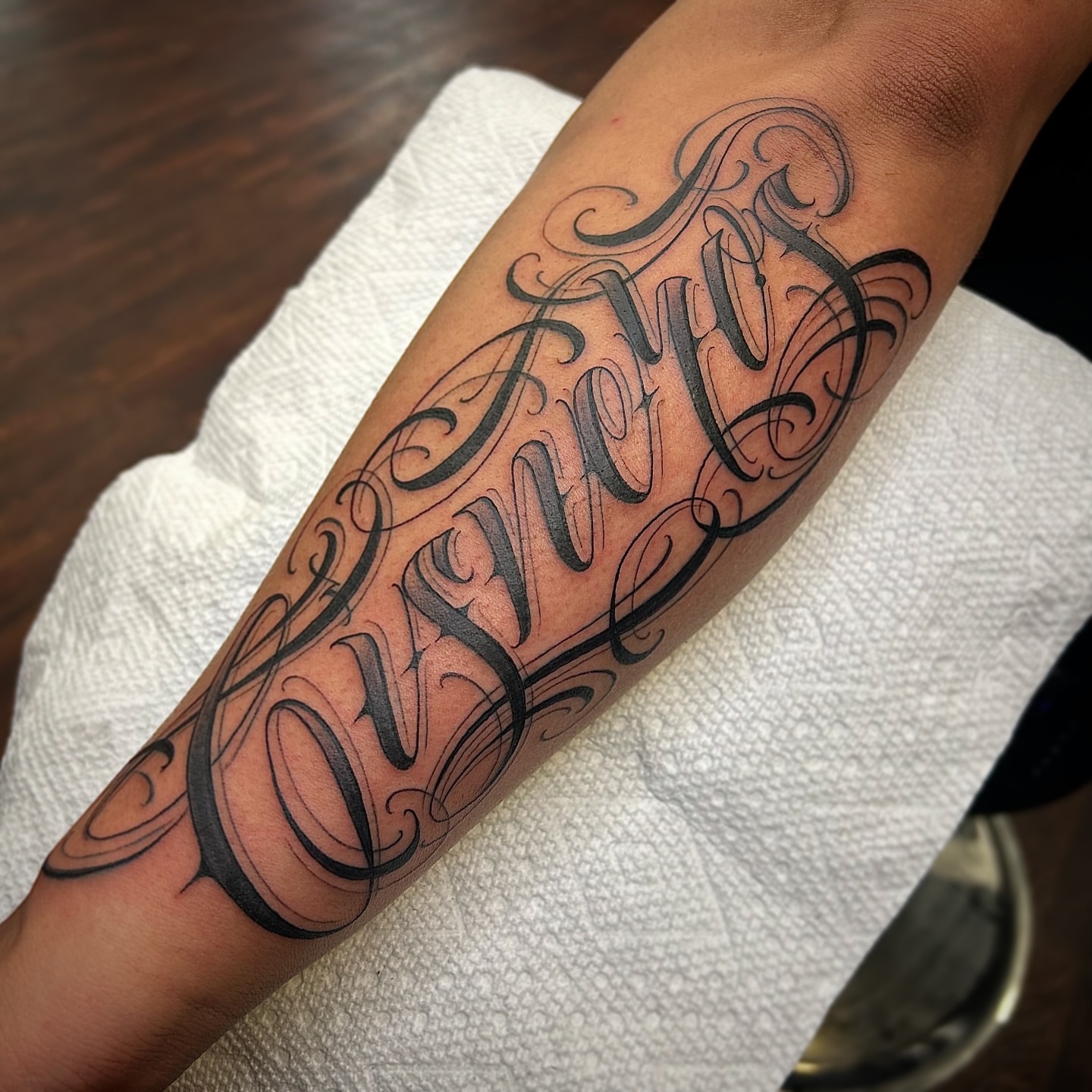 Script lettering lettering script tattoo on the forearm by $krypt