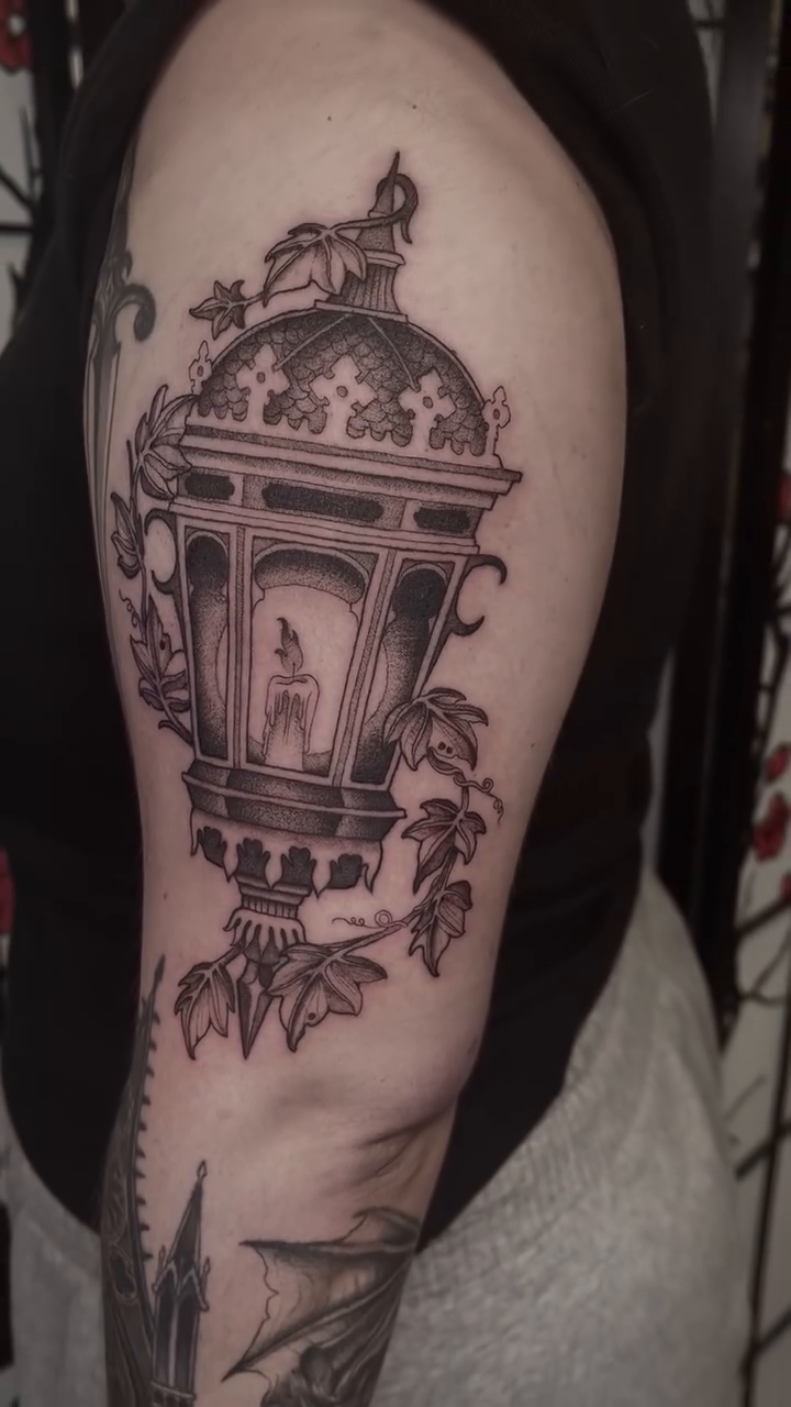 Lantern with candle and vines realism tattoo by ๐๐๐๐๐๐๐