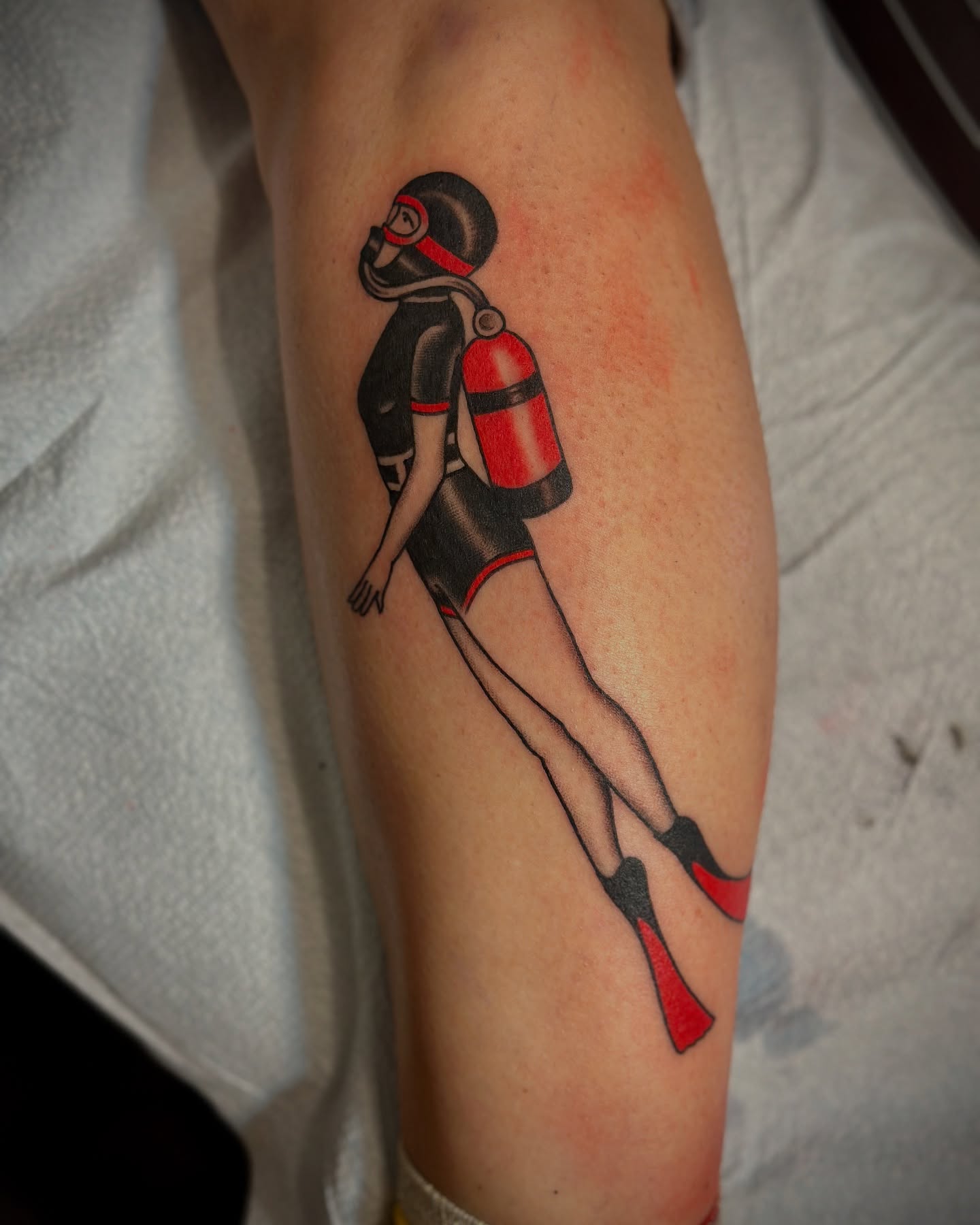 Diver American traditional tattoo on the forearm by Holly Ellis, San Francisco, California