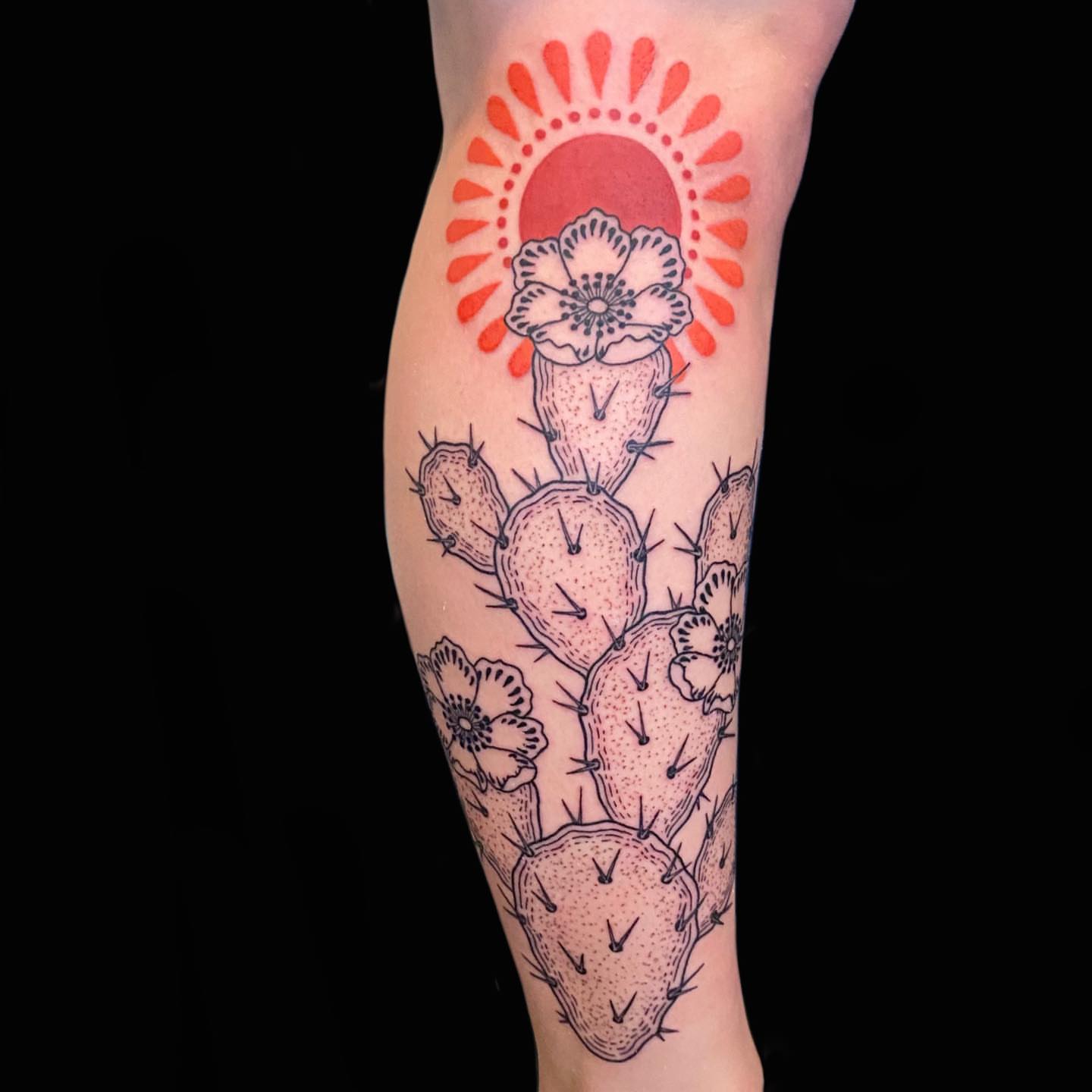 Cactus with flower dotwork tattoo on the forearm by Krista - Tattoo Artist