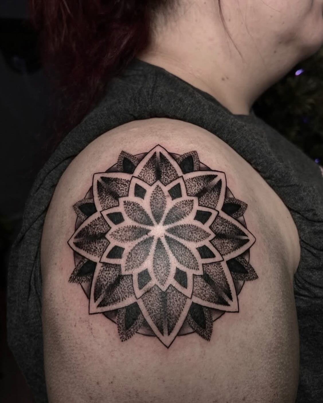 Mandala dotwork tattoo on the shoulder by Jelly