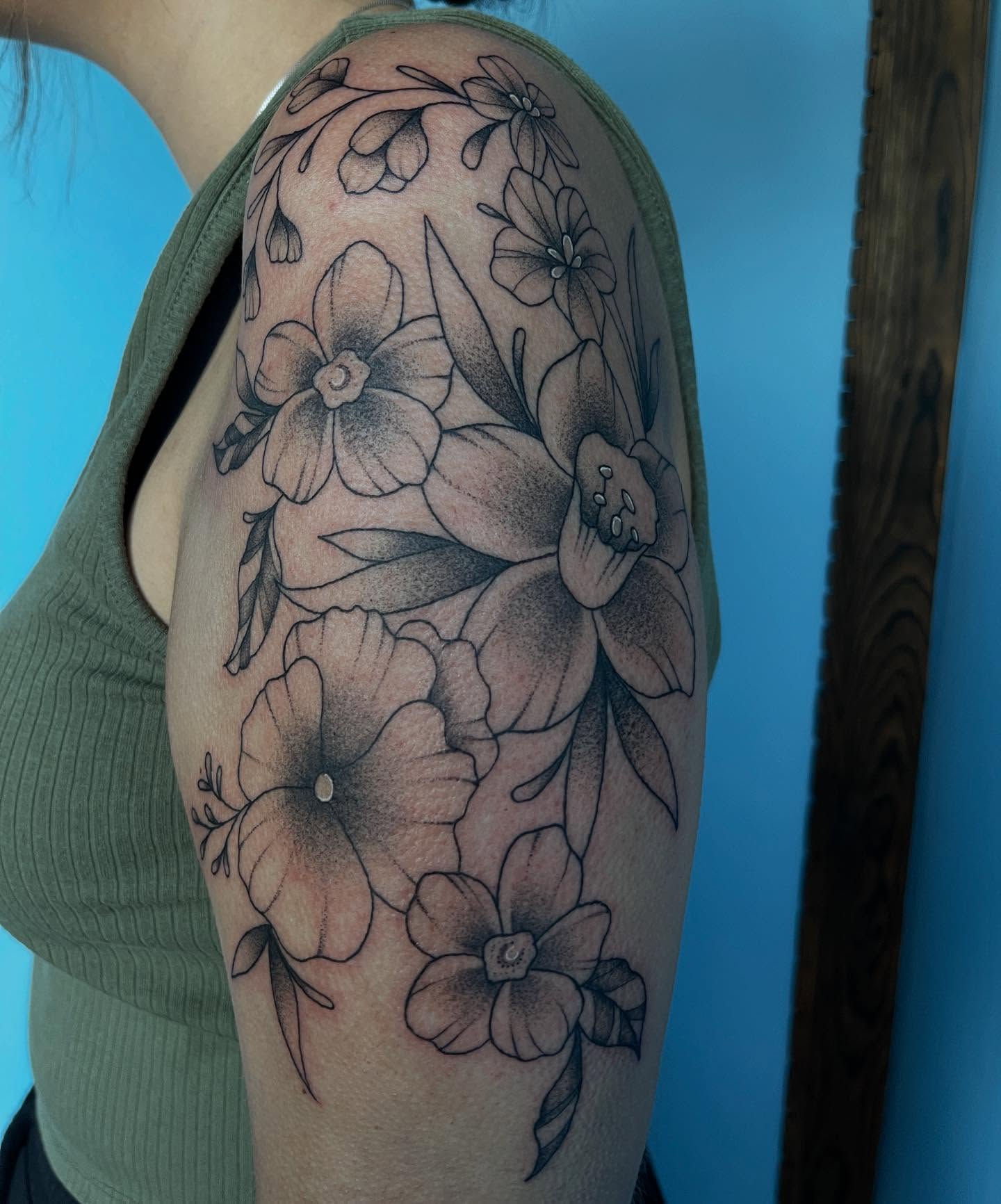 Floral arrangement dotwork tattoo on the shoulder by ✮KAT✮