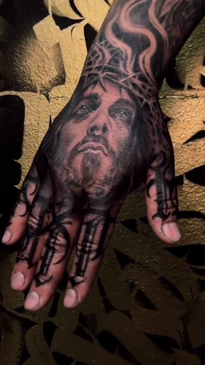 Portrait of Jesus Christ realism tattoo by @young_sely