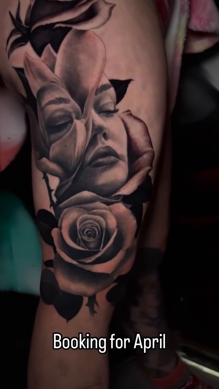 Woman and roses realism tattoo by Ian Vanderwerff