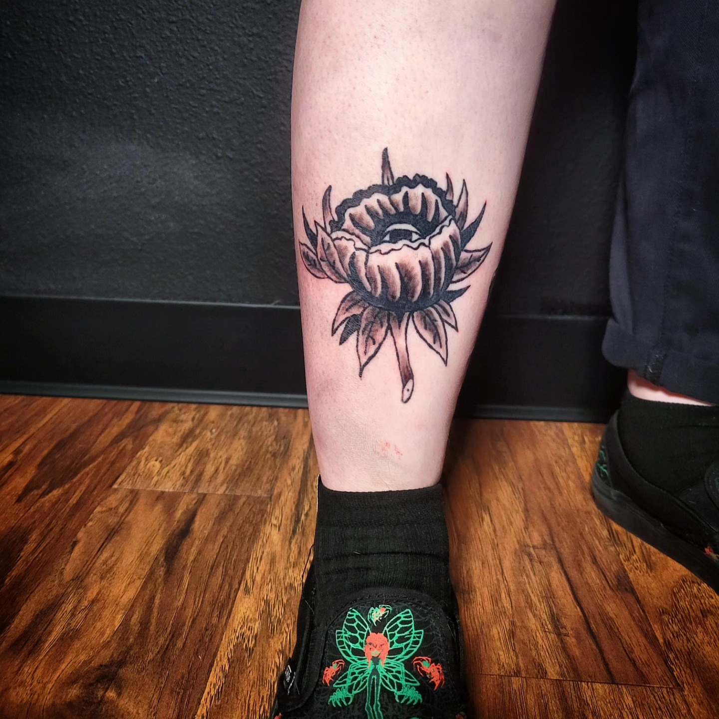 Lotus flower black and grey tattoo on the calf by Kyle - Portland Oregon Tattoo Artist