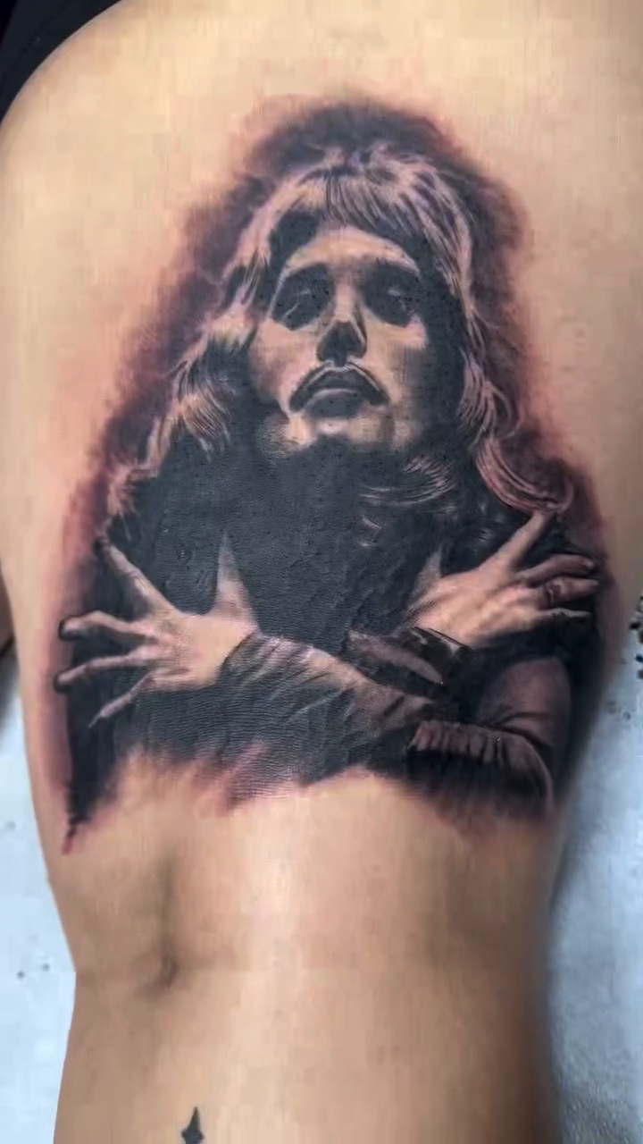 Portrait of Freddie Mercury realism tattoo by Jason Oz, Denver, Colorado