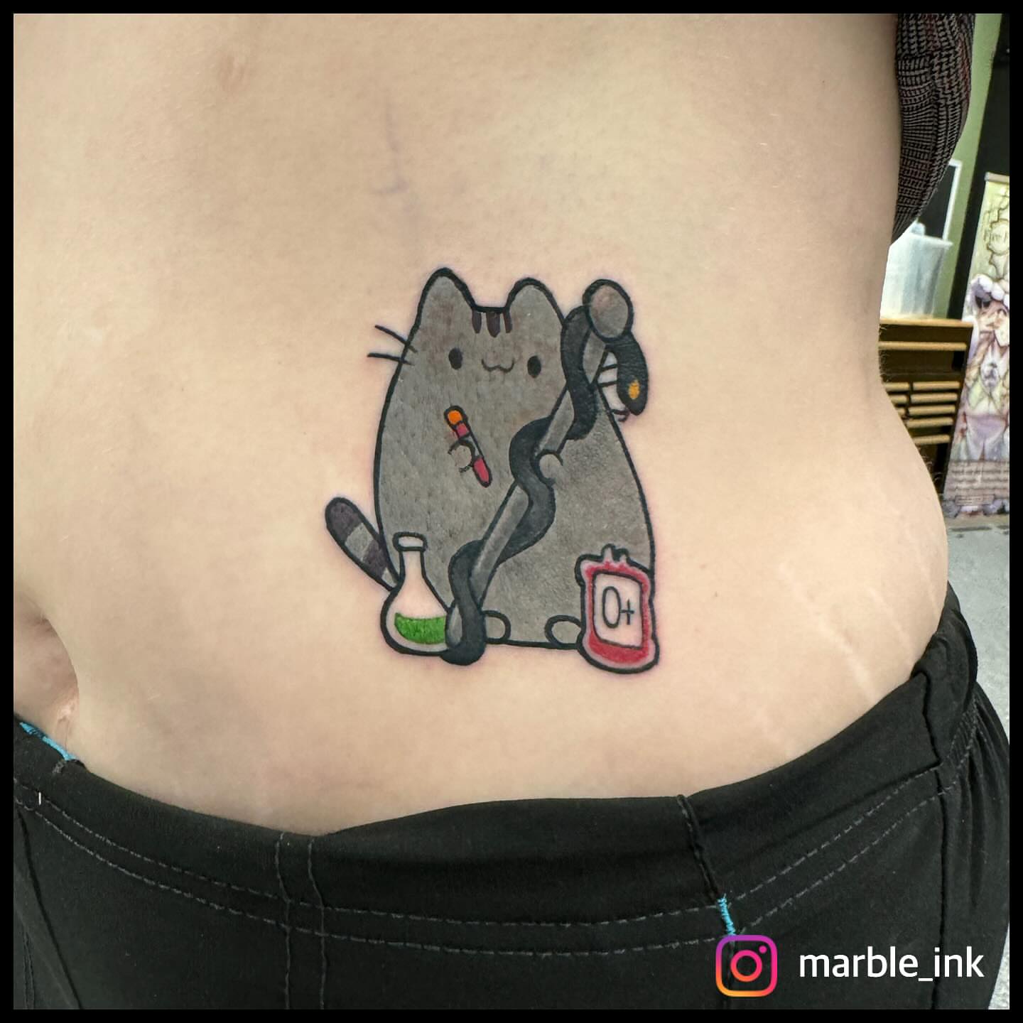 Cat with potion dotwork tattoo on the ribs by Darbi "Marbles"