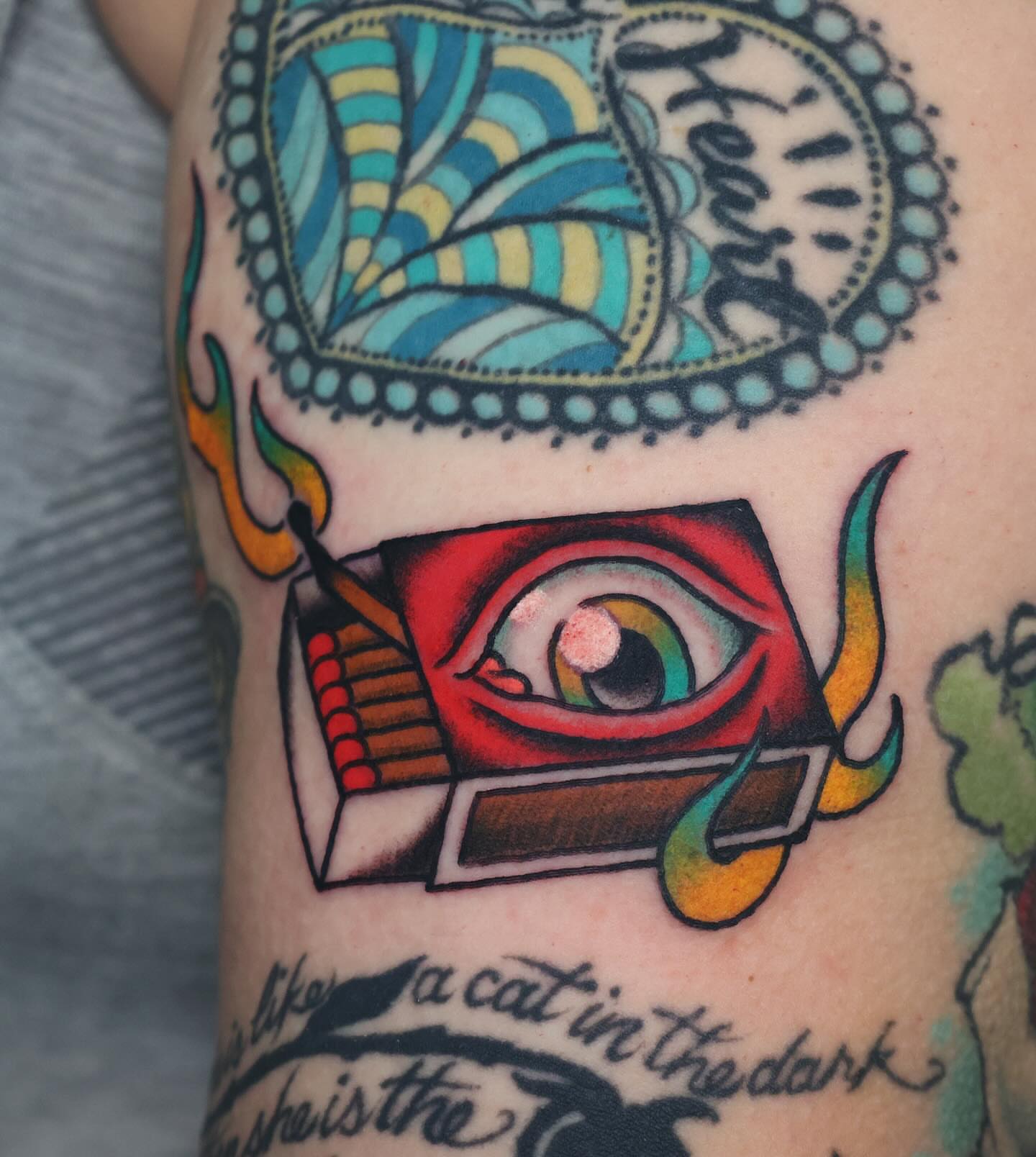 Eye in matchbox American traditional tattoo on the forearm by Big Al