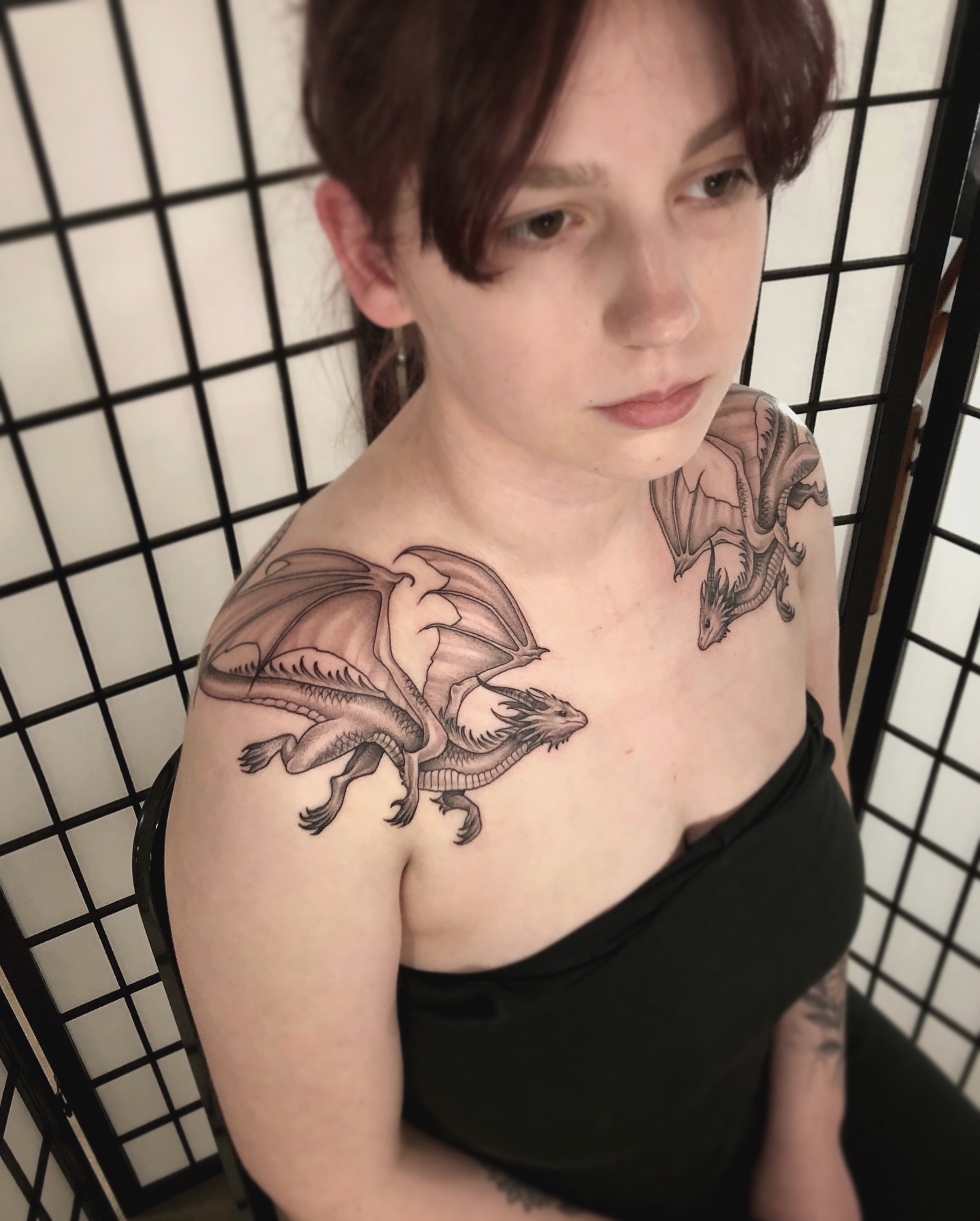 Dragon black and grey tattoo on the shoulder by 𝔍𝔢𝔫𝔫𝔦𝔢 𝔗𝔦𝔢𝔰𝔪𝔞𝔫