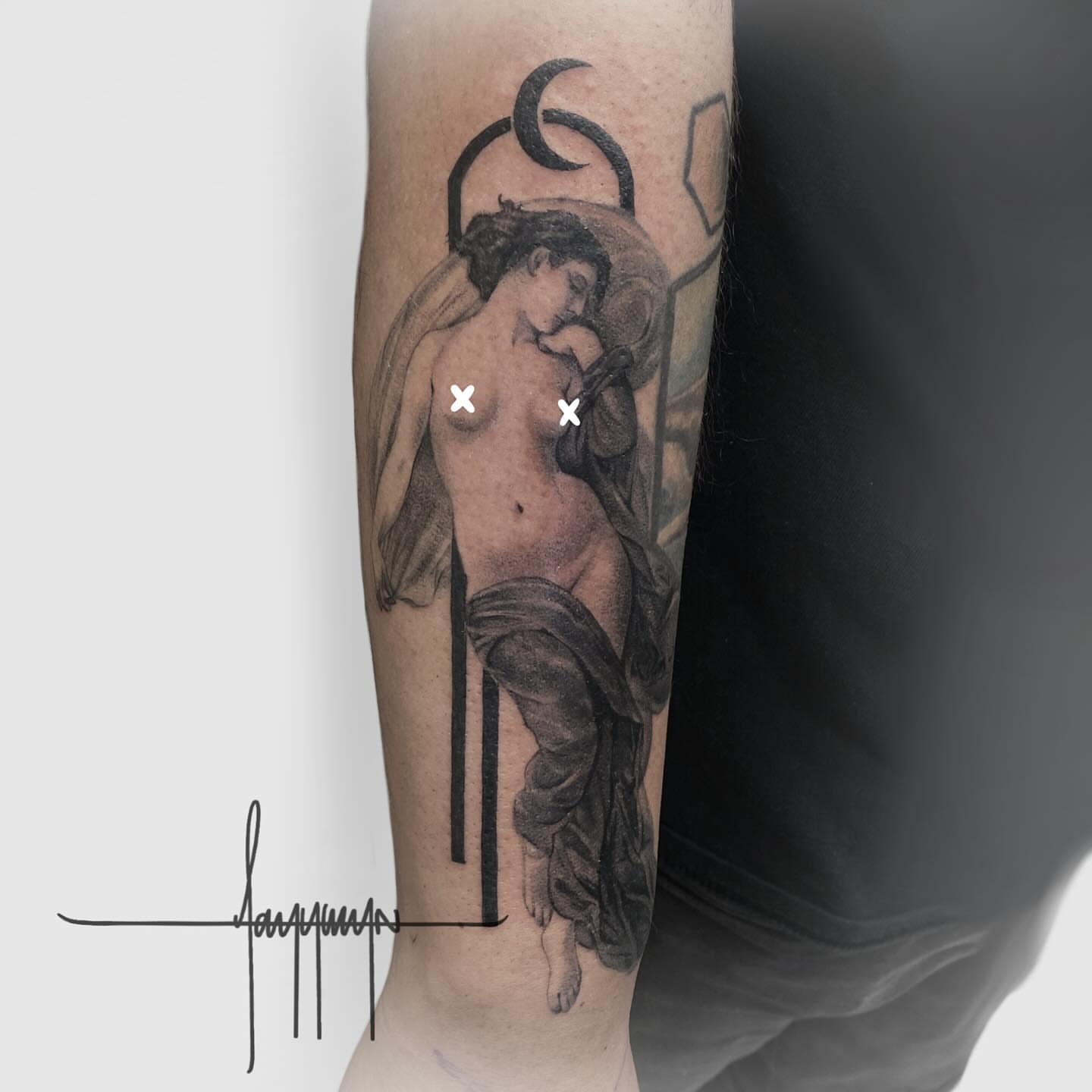 Nude female figure realism tattoo on the forearm by Jazz