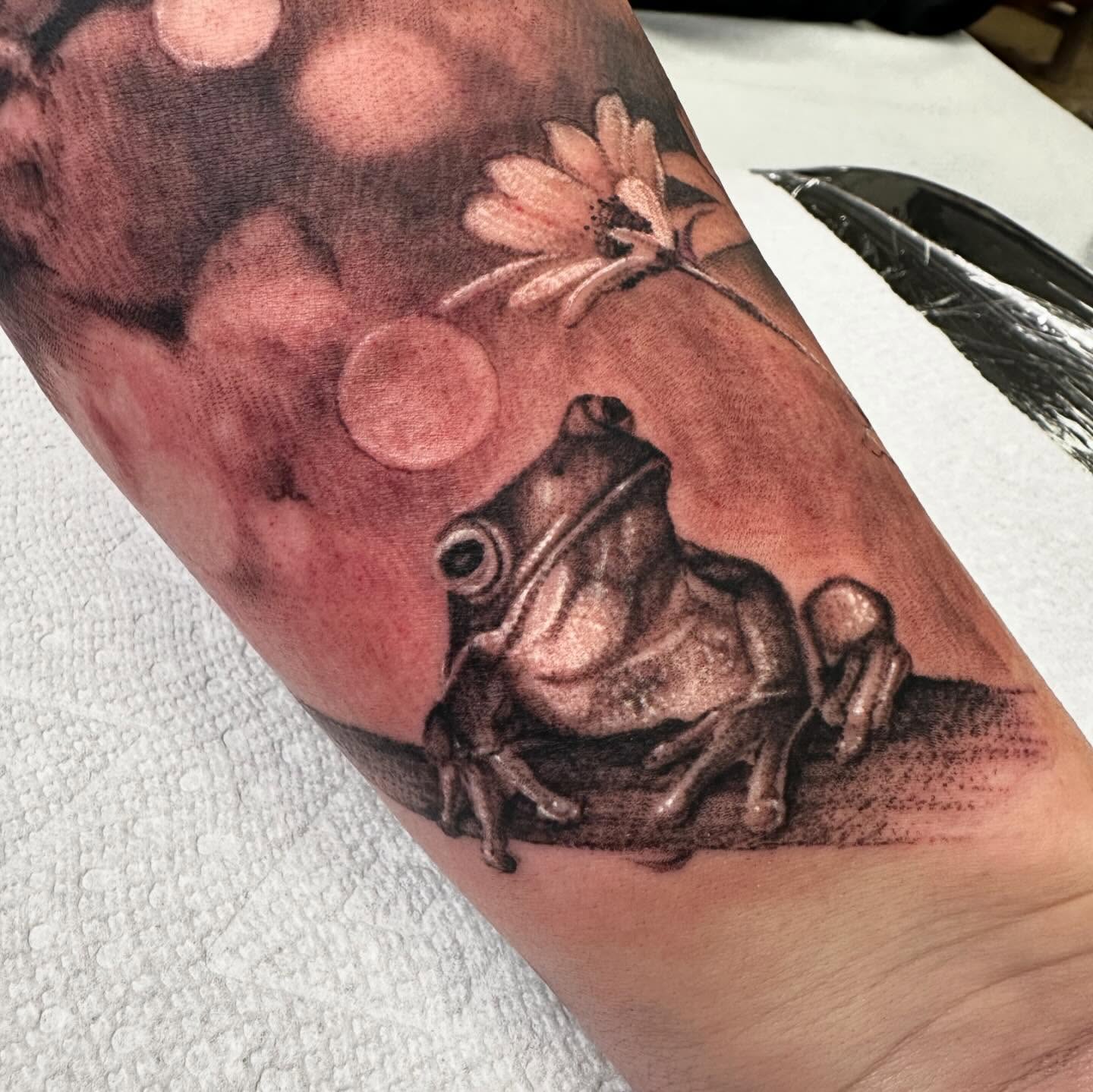 Frog and flower realism tattoo on the forearm by Amber Miracle