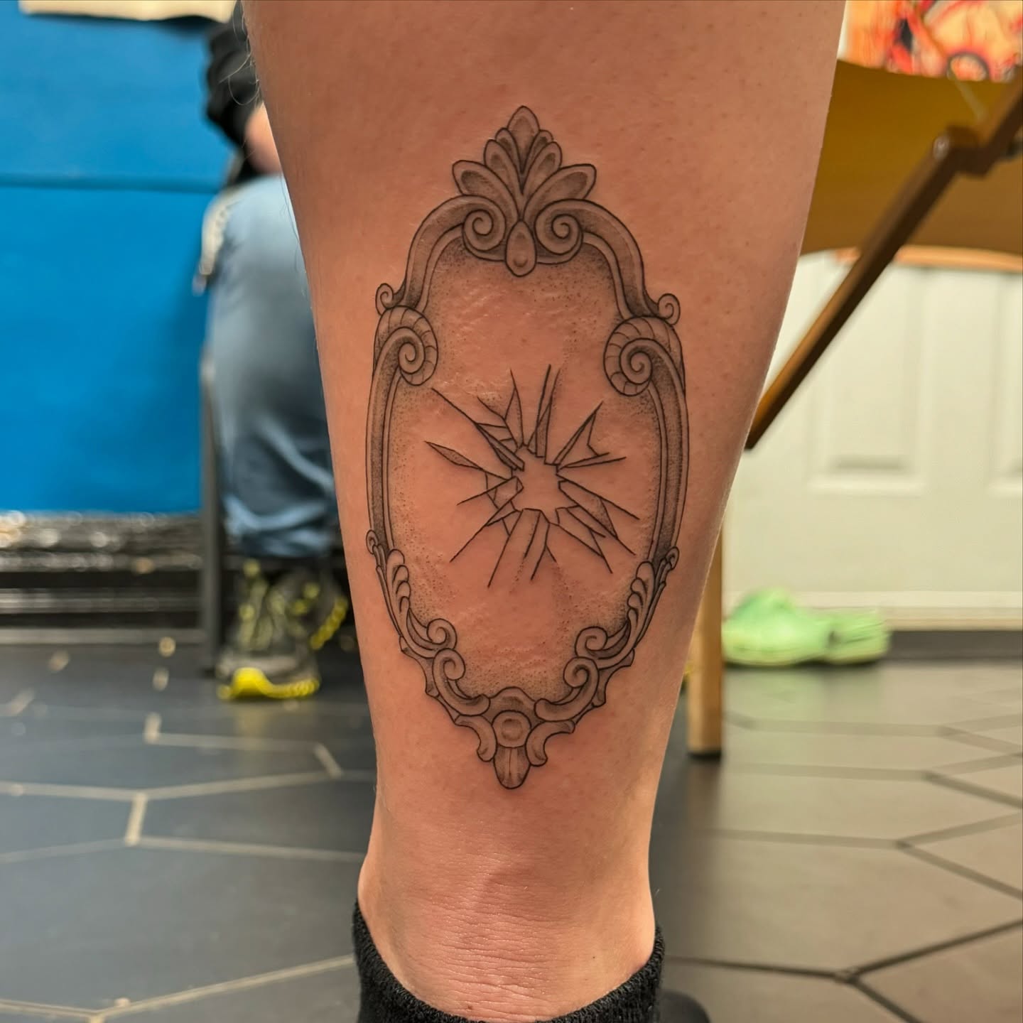 Compass star black and grey tattoo on the calf by Shannon, Cincinnati, Ohio