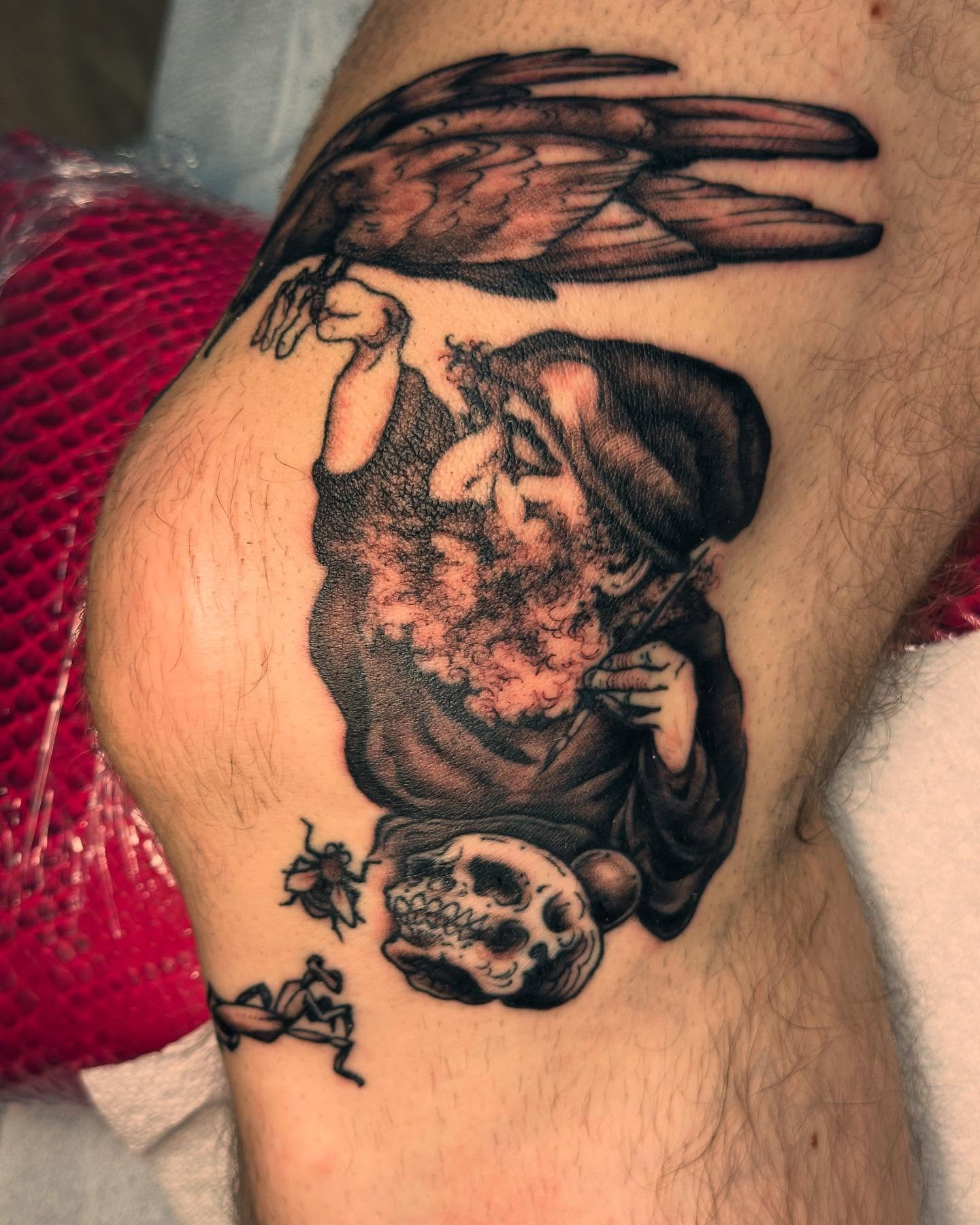 Man with bird and skull realism tattoo on the thigh by Classy Fucking Lady Tattooer