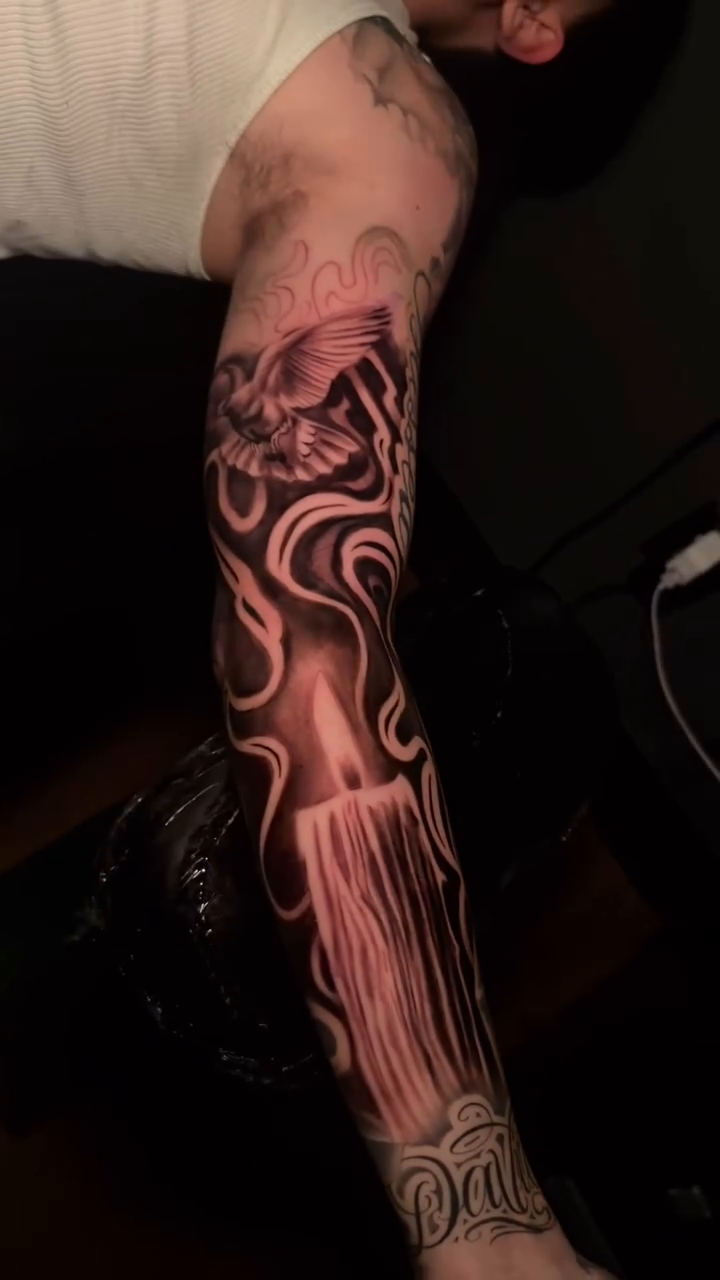 Candle and dove realism tattoo by Jacob Martin, Toledo, Ohio