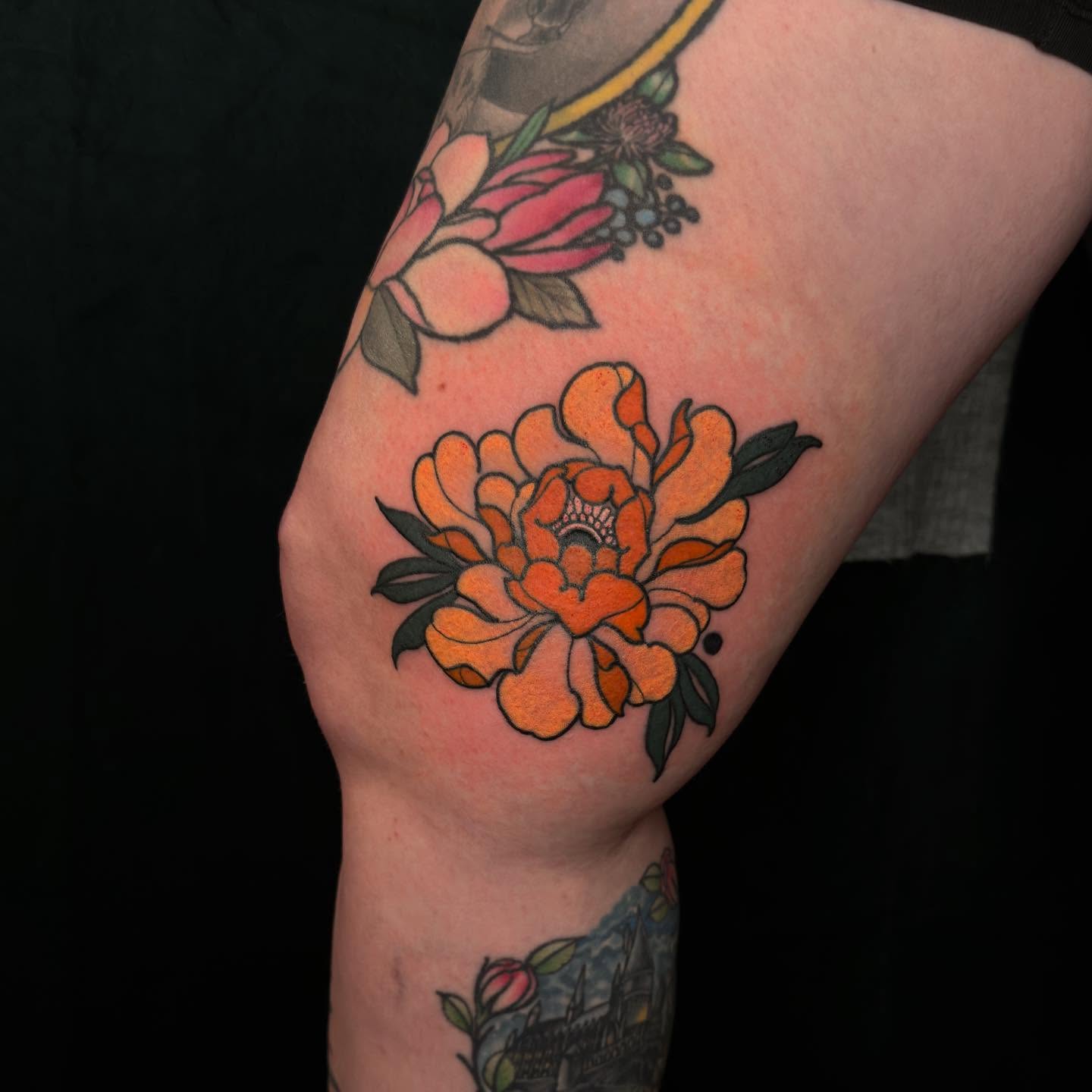 Peony American traditional tattoo on the forearm by Jessica Haug