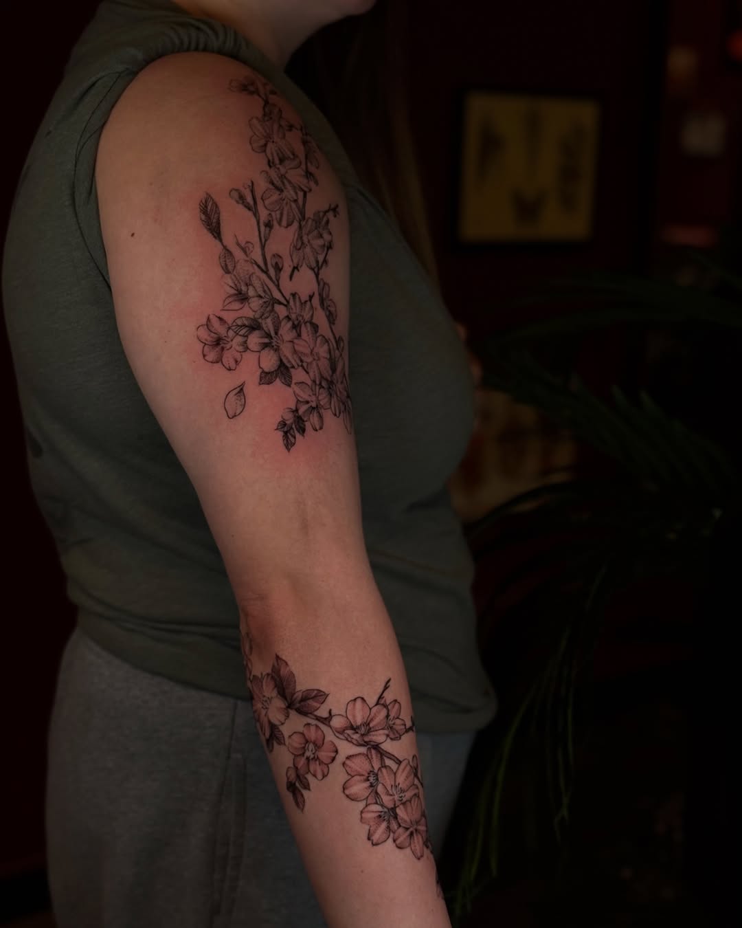 Cherry blossoms fine line tattoo on the forearm by Gabby Finearts
