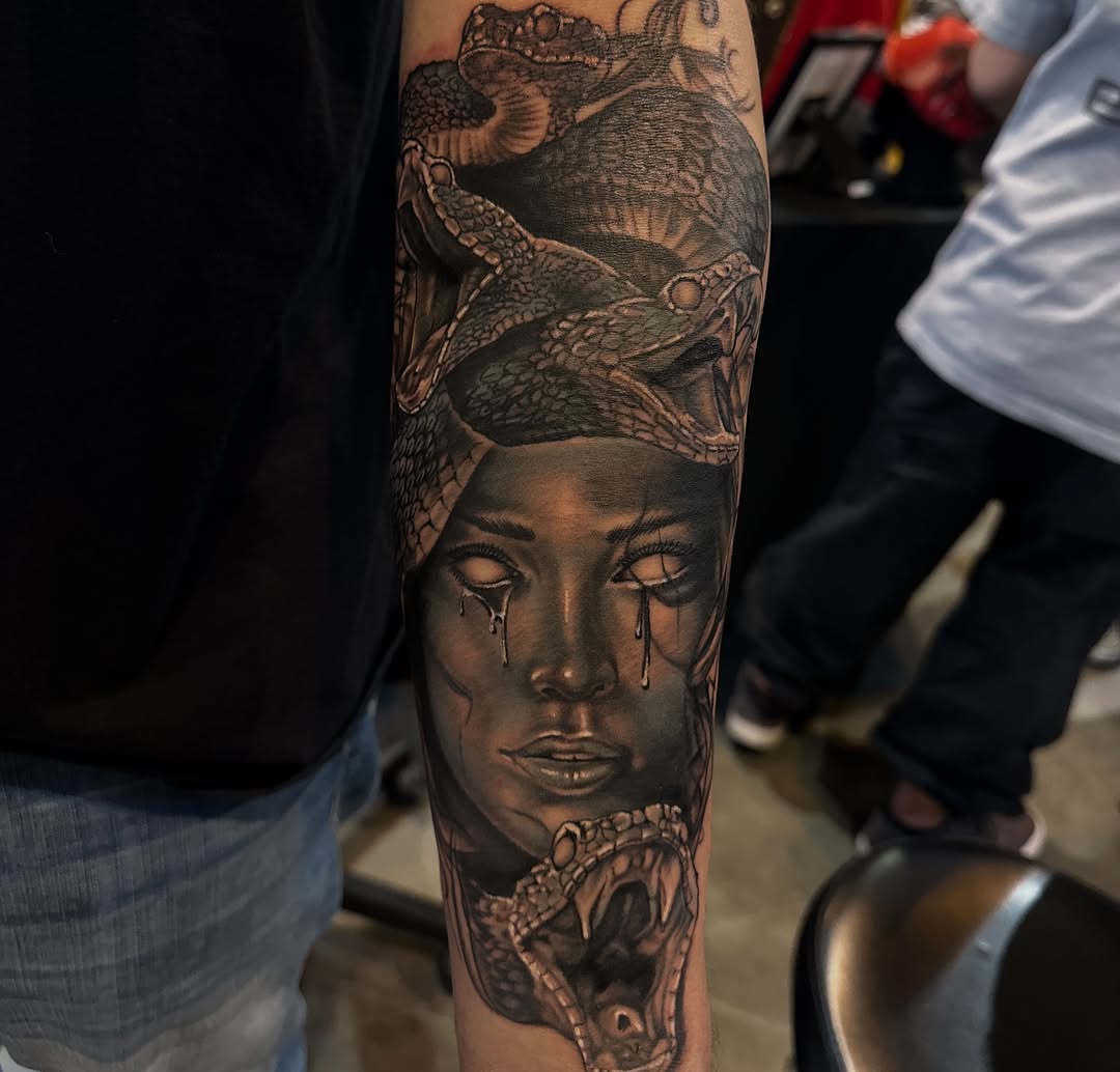 Tattoo by @pyramidofink β realism, black_and_grey