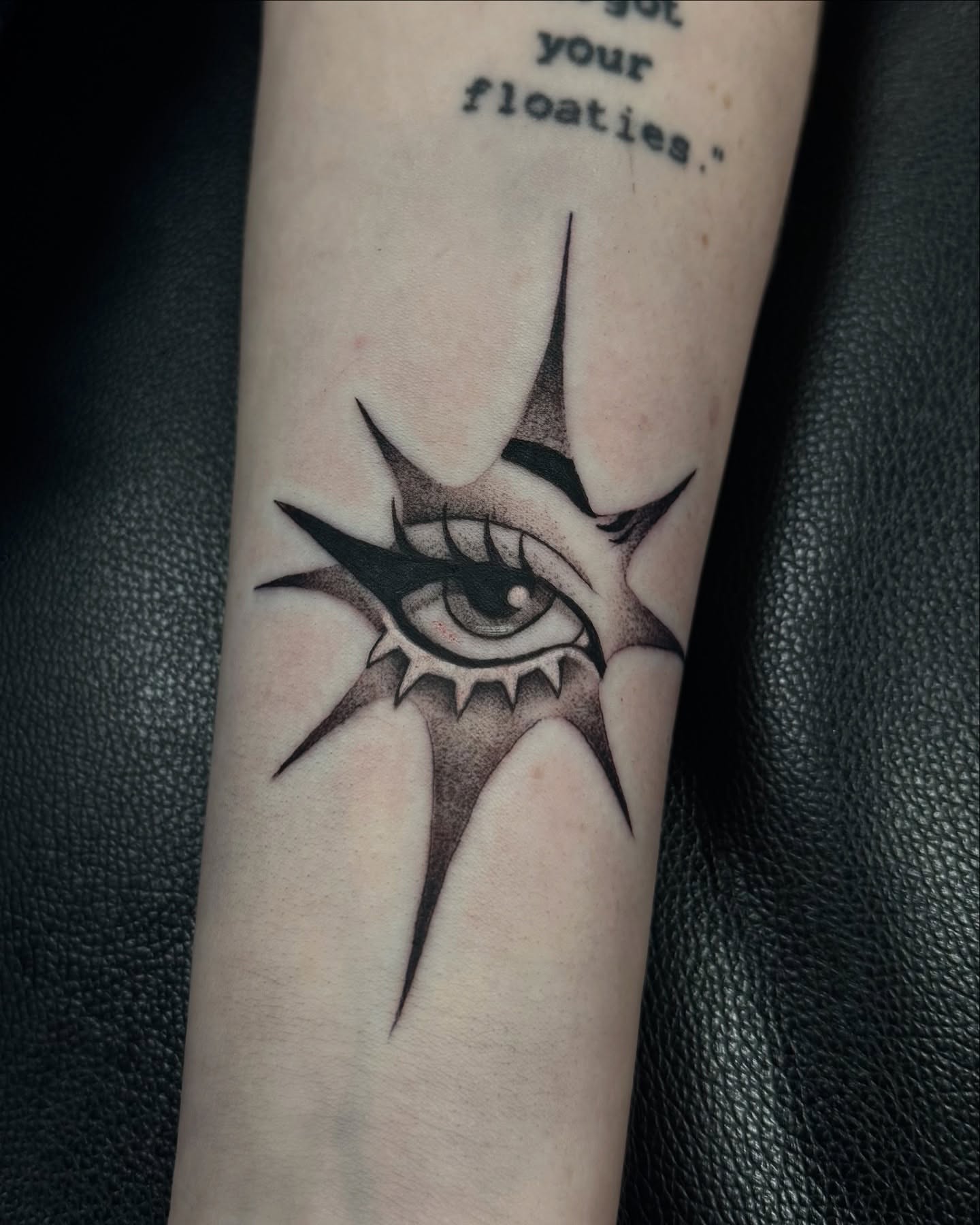 Eye black and grey tattoo on the forearm by Mags🗡️