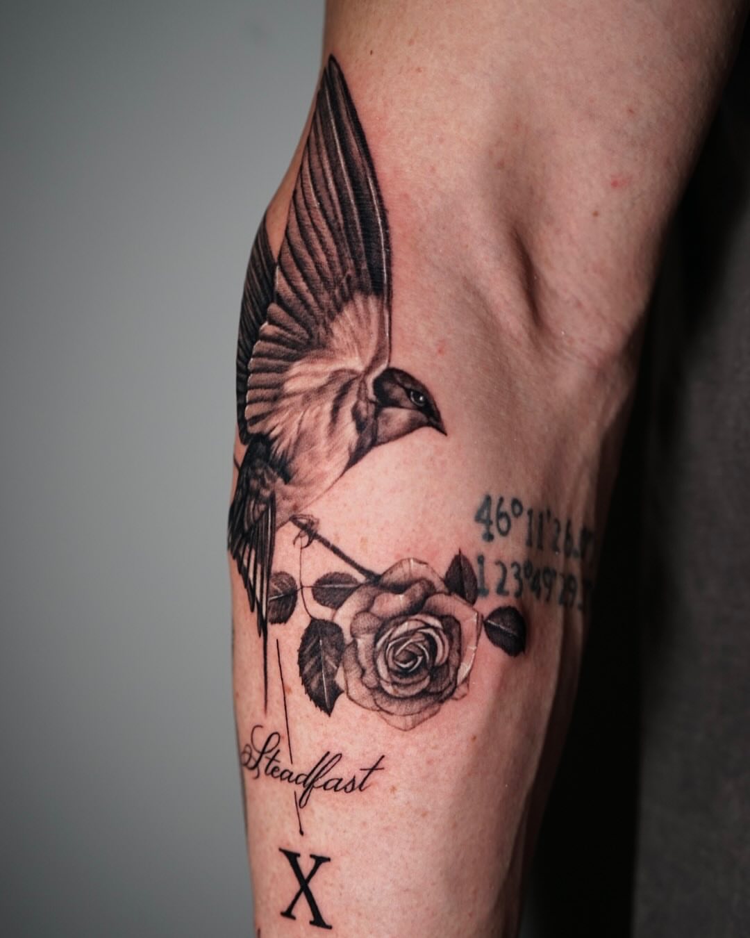 Bird and rose realism tattoo on the forearm by Sabrina Lakhaysy, Fort Worth, Texas