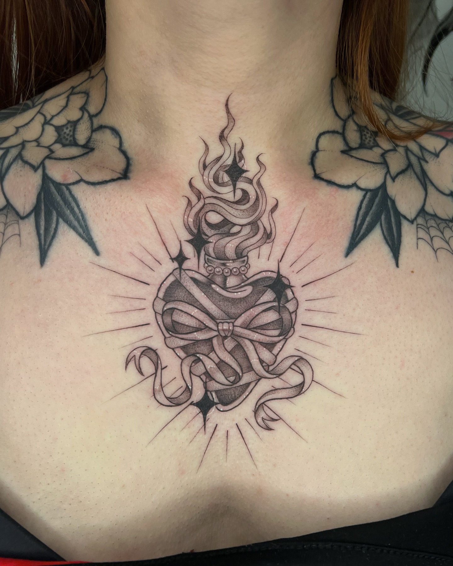 Burning heart black and grey tattoo on the chest by ✮shayla ganong✮