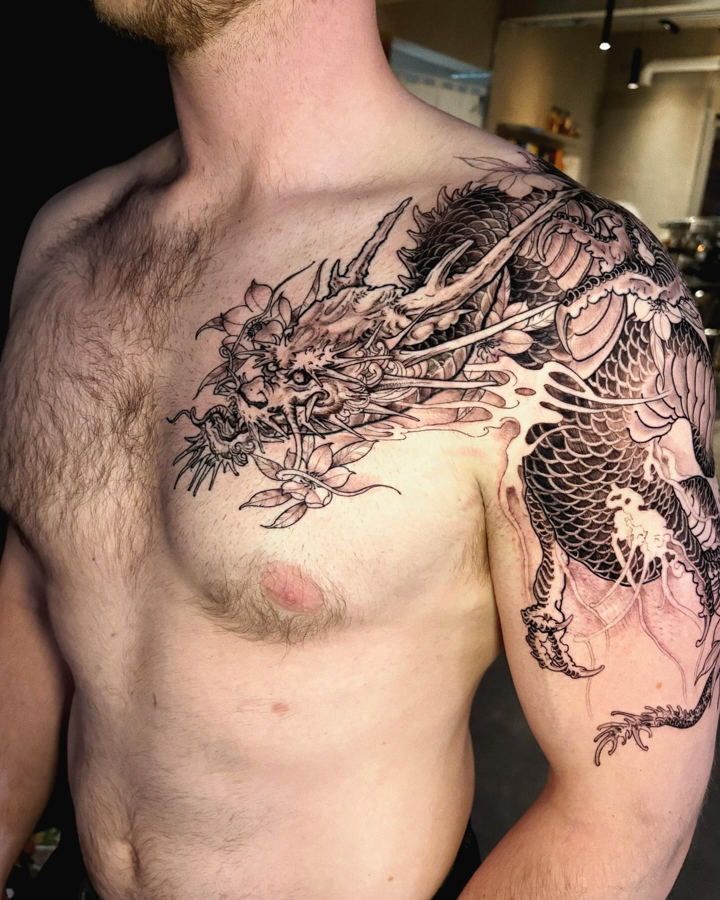 Dragon japanese irezumi tattoo on the chest by Duo