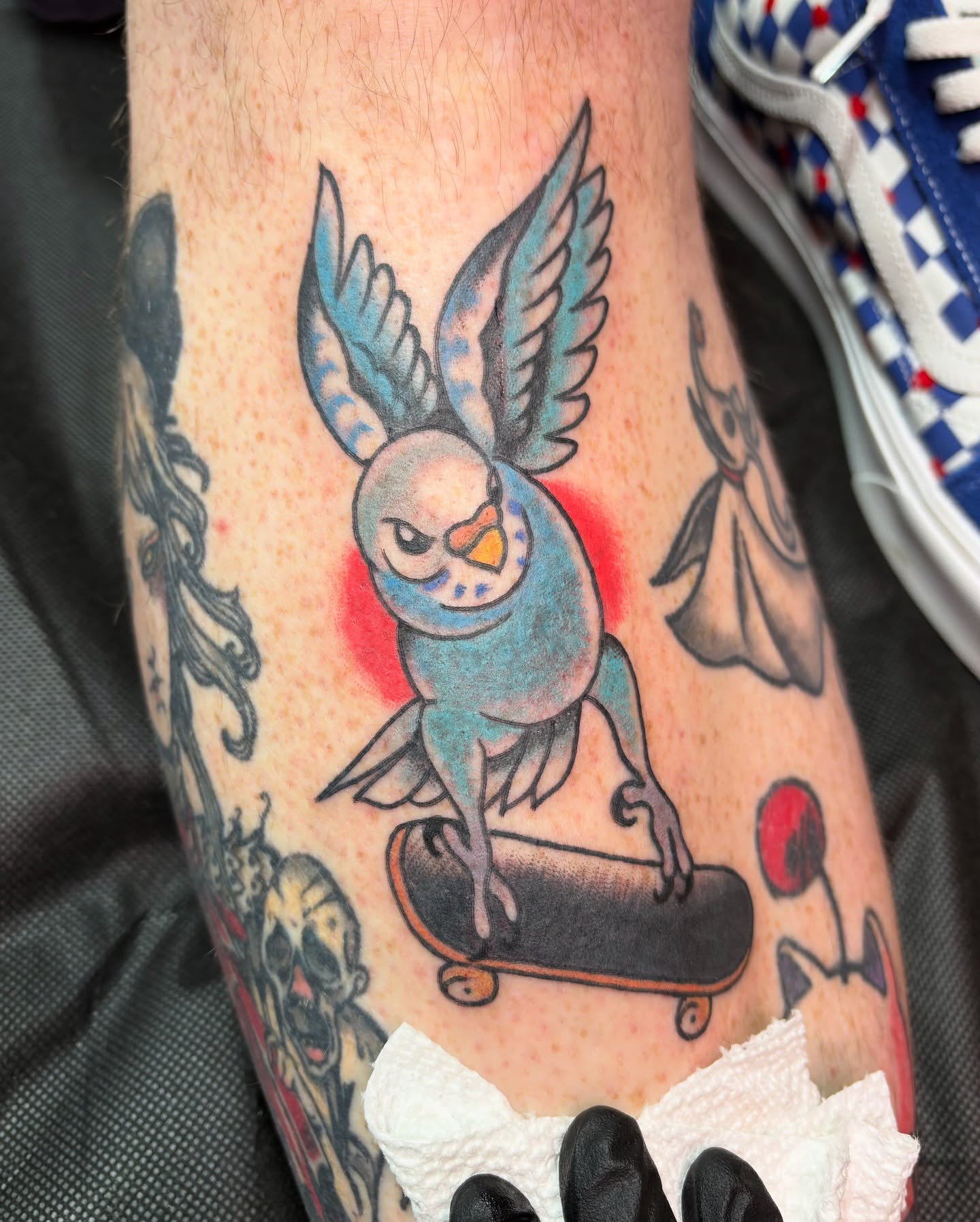 Owl on skateboard American traditional tattoo on the forearm by Tannis - Traditional Tattoos in Richmond, VA, Richmond, Virginia