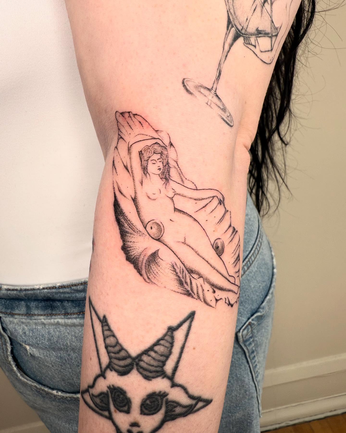 Nude reclining woman black and grey tattoo on the forearm by 🗡Addie Kat🗡