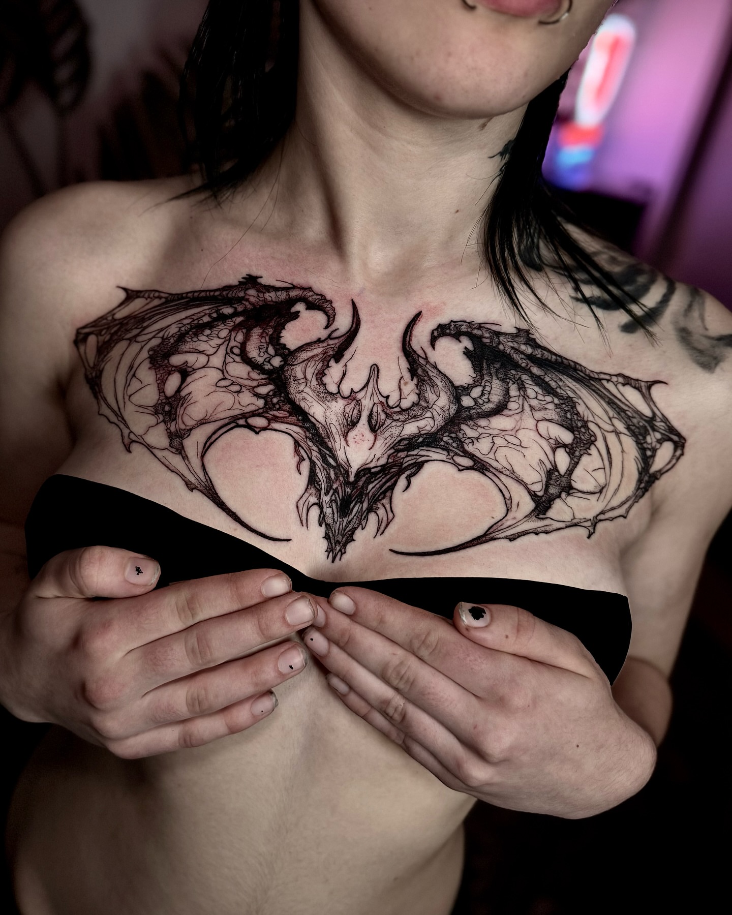 Dragon geometric tattoo on the chest by Bwk Dark Art