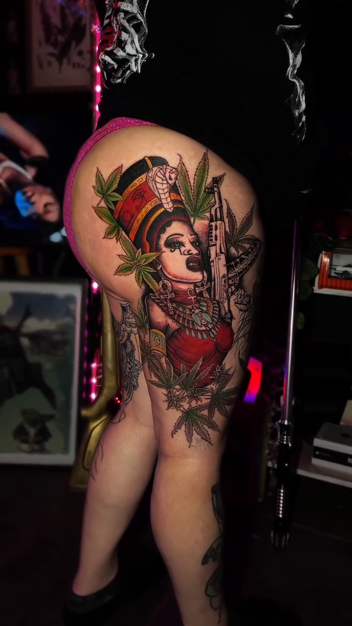 Egyptian queen with cannabis leaves neo-traditional tattoo by Jamie Jane Voryer