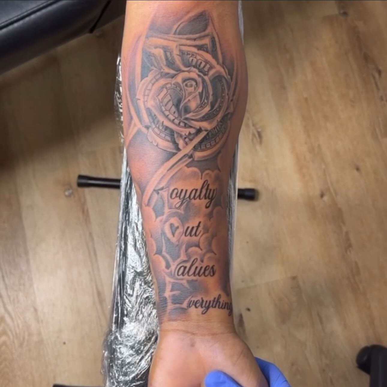 Mechanical gear and rose geometric tattoo on the forearm by I Am Mawlo! Welcome Fellow Mawlonians