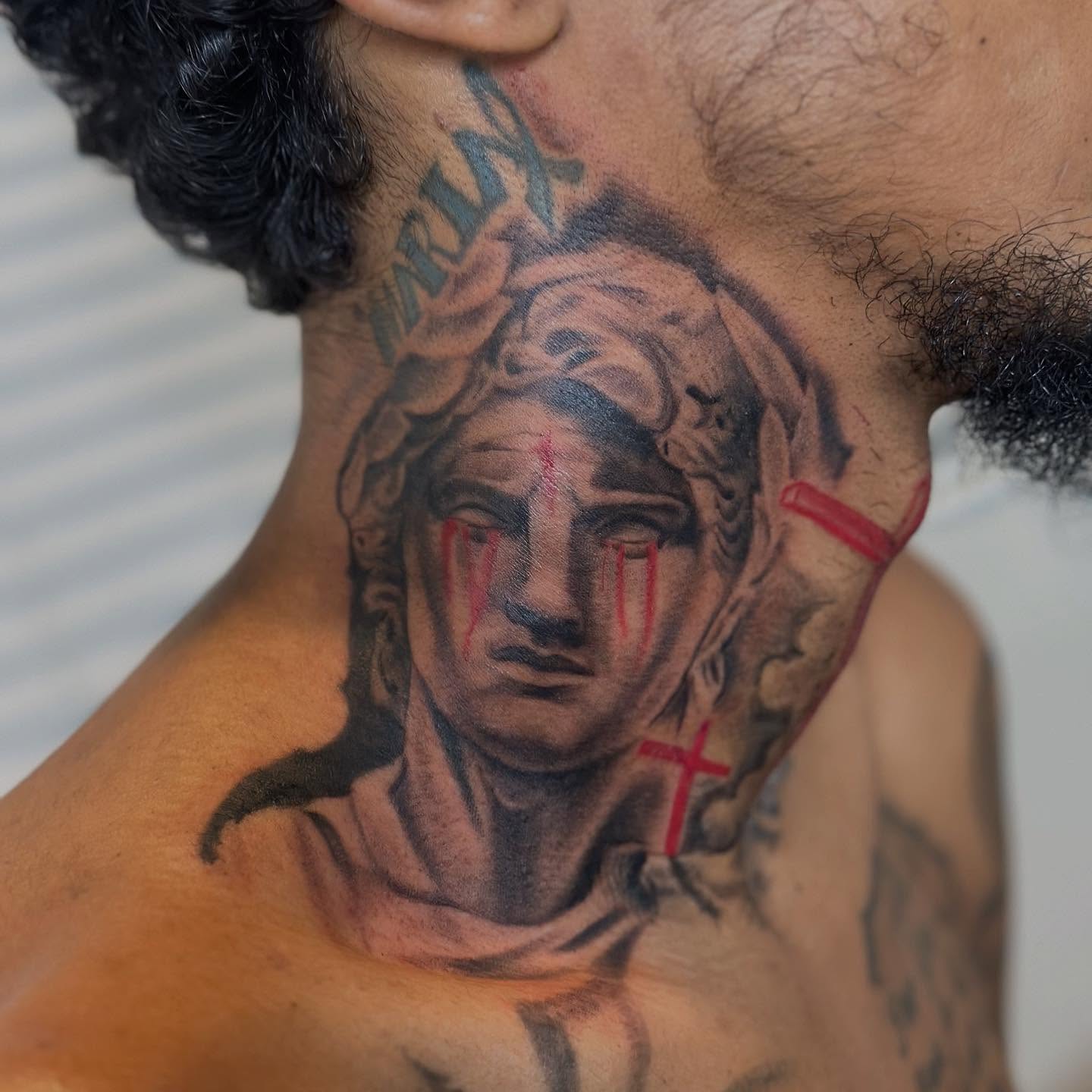 Religious figure realism tattoo on the neck by I Am Mawlo! Welcome Fellow Mawlonians