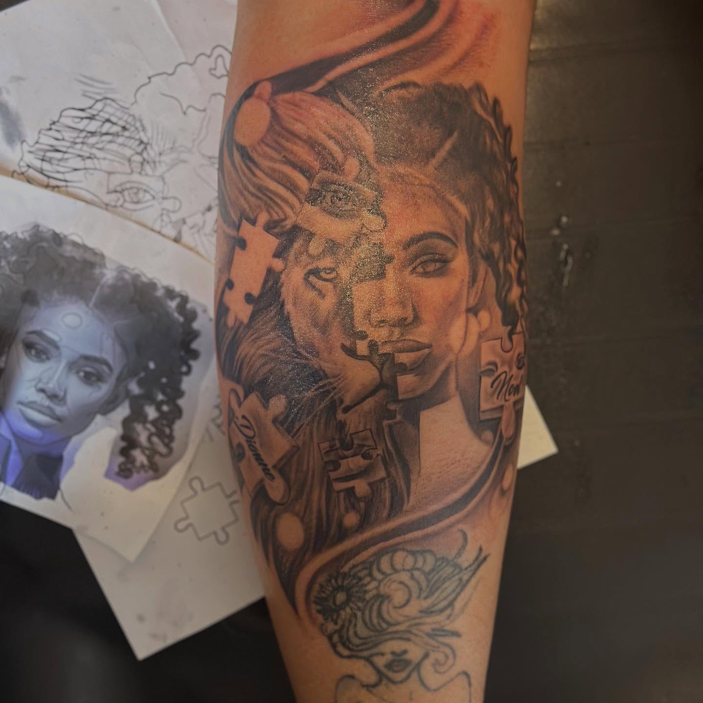 Lion and woman realism tattoo on the forearm by I Am Mawlo! Welcome Fellow Mawlonians