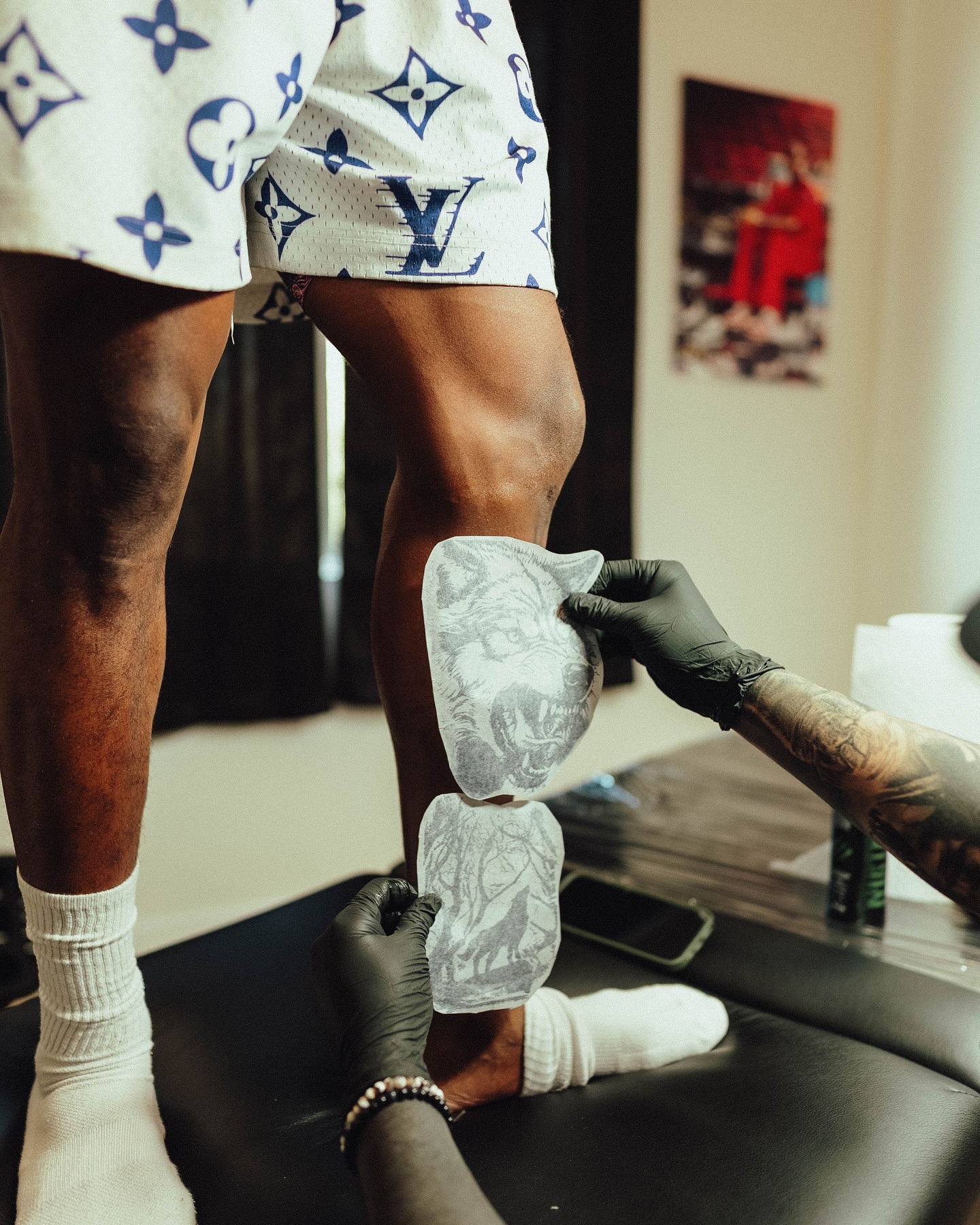 Lion black and grey tattoo on the leg by Nathan Guerrero