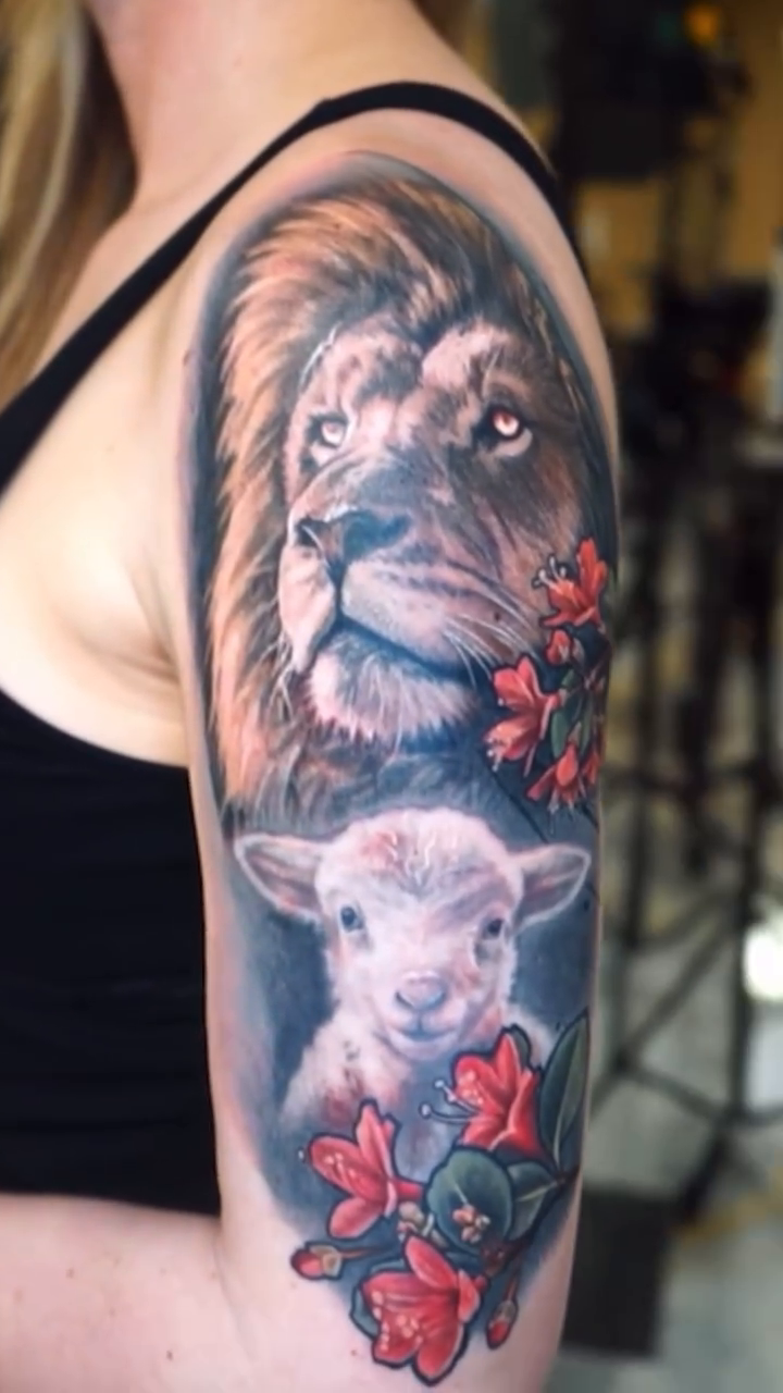 Lion and lamb realism tattoo by Tony Johnson - Tattoo Artist, Huntsville, Alabama