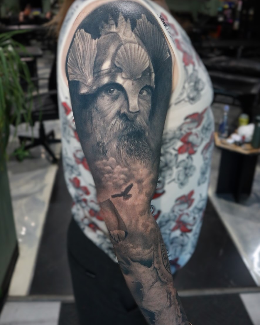 Viking warrior realism tattoo on the forearm by Mike j tattooer