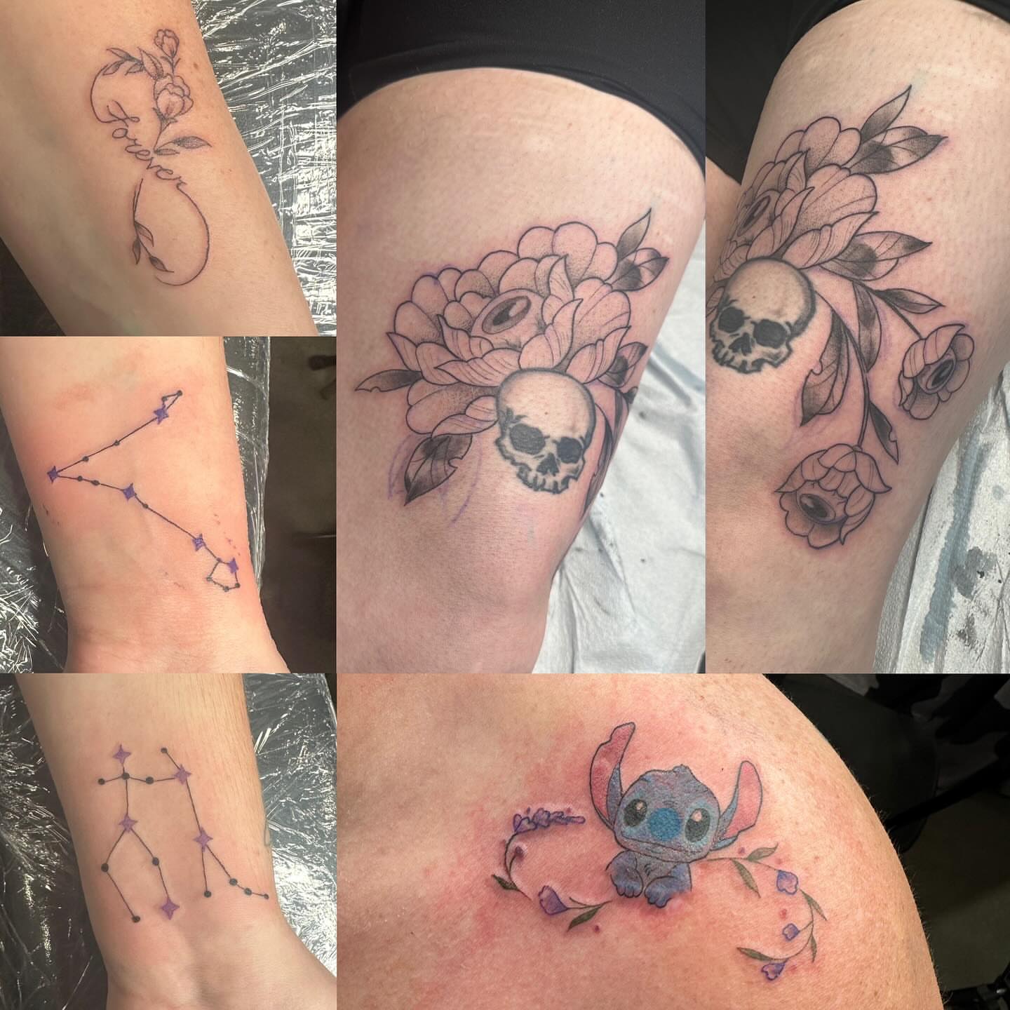 Skull and flowers black and grey tattoo on the thigh by Halle Haas
