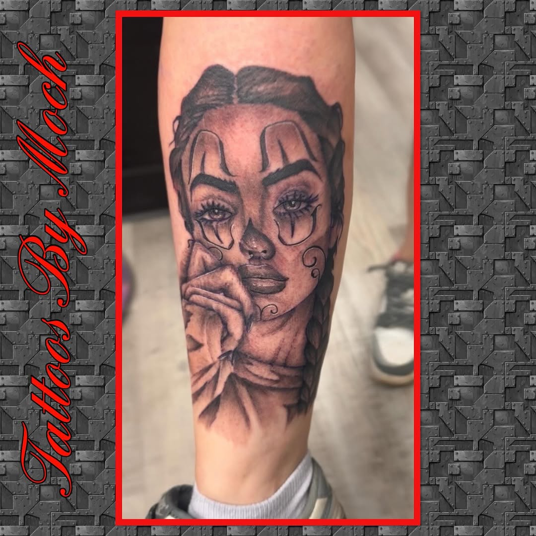 Woman with clown makeup Chicano tattoo on the forearm by Tattoos By Moch, Toledo, Ohio
