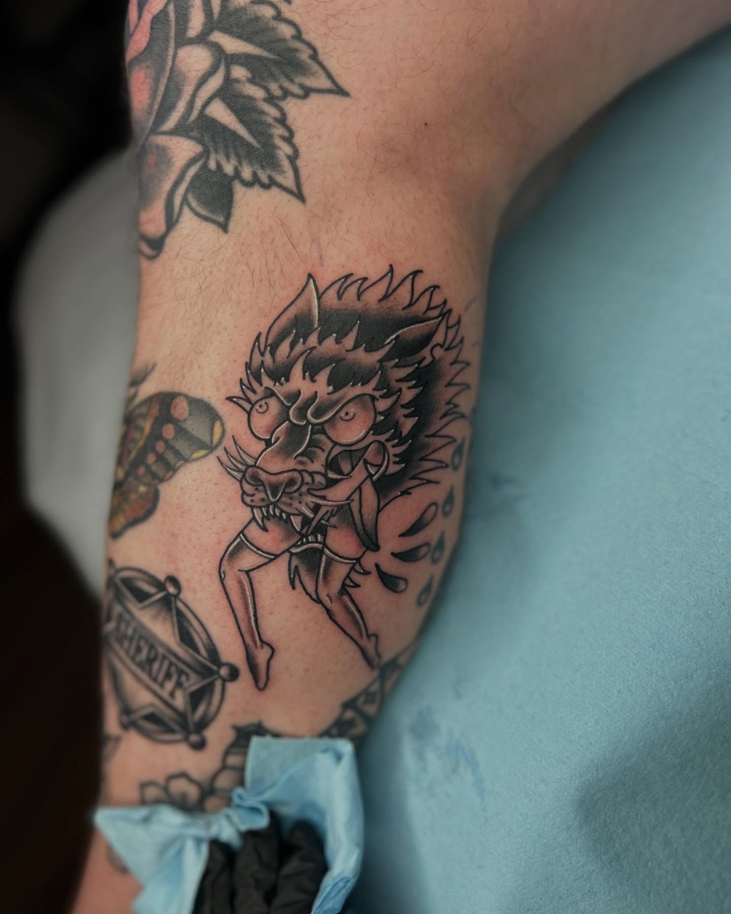Demon American traditional tattoo on the forearm by Noah Crow