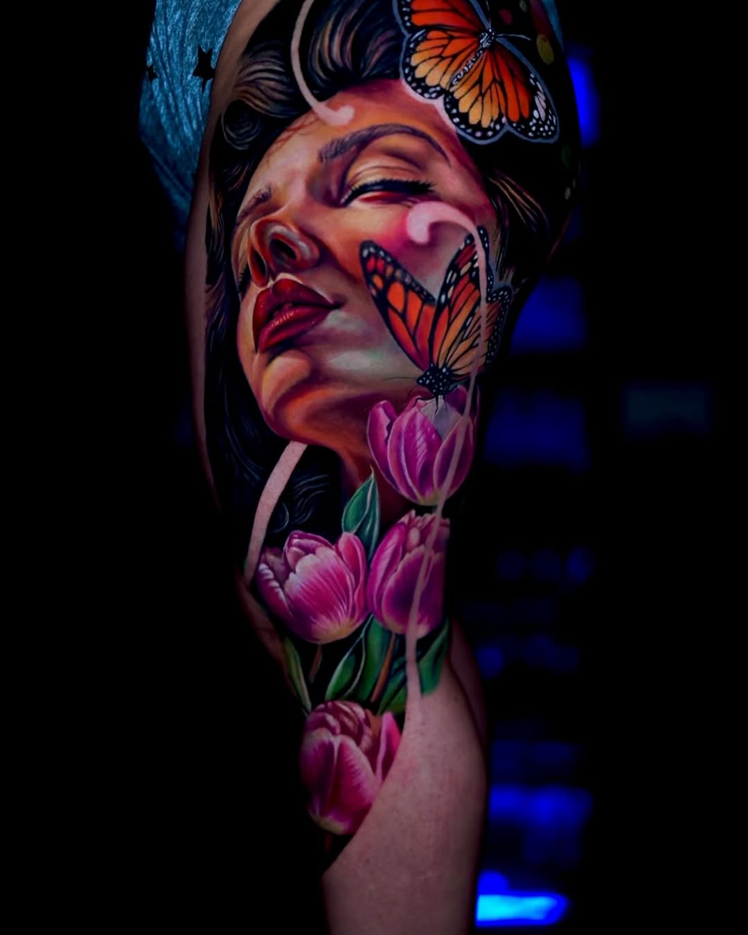 Woman portrait with butterflies and tulips surrealism tattoo on the neck by Yasmani ramirez